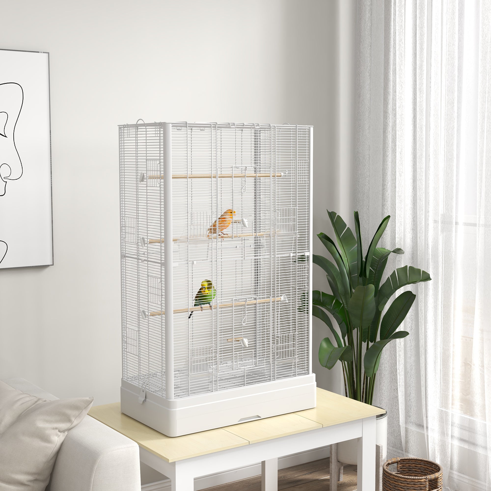 PawHut 39" Bird Cage for Budgie Finches Canaries Love Birds with Wooden Stands, Slide-Out Tray, Handles, Food Containers, White