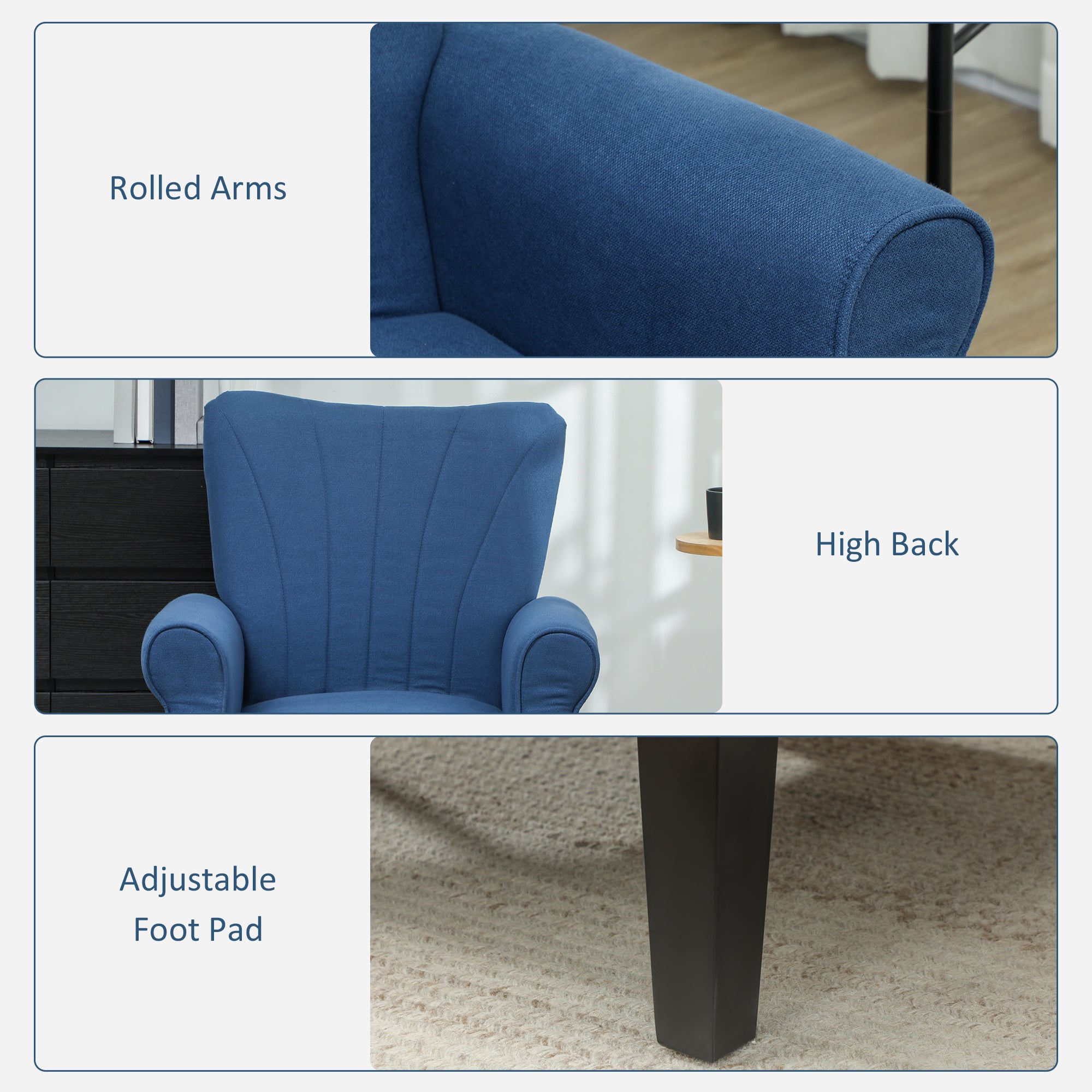 HOMCOM Fabric Armchair, Modern Accent Chair with Wood Legs for Living Room, Bedroom, Home Office, Dark Blue