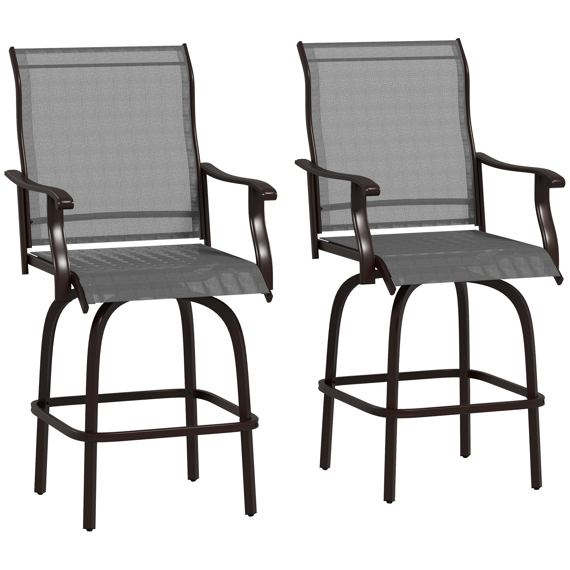 Outsunny Outdoor Bar Stools Set of 2, Swivel Bar Height Chairs with High Back, Curved Armrests and Steel Frame, Light Grey