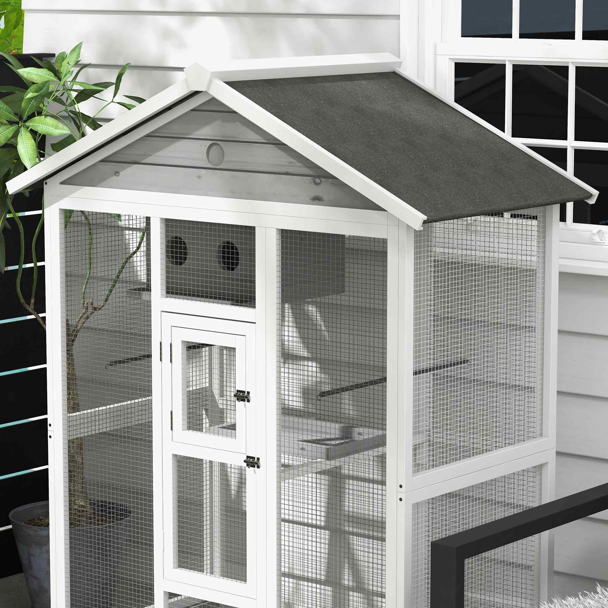 PawHut 65" Bird Cage Large 2 Doors Wooden Aviary for Canary with Standing Pole Nest Slide-out Tray, for Indoor Outdoor, Grey