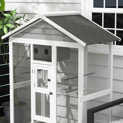 PawHut 65" Bird Cage Large 2 Doors Wooden Aviary for Canary with Standing Pole Nest Slide-out Tray, for Indoor Outdoor, Grey
