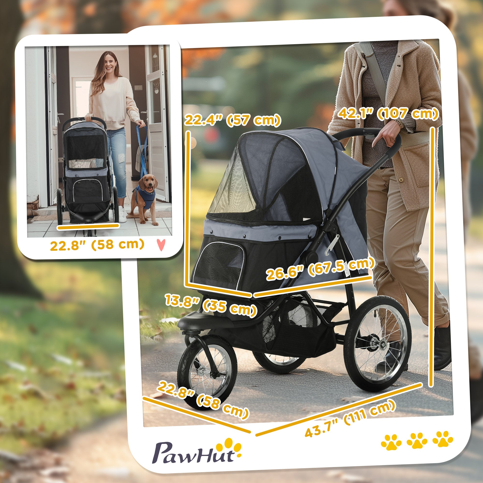 PawHut 3 Big Wheels Pet Stroller for Small, Medium Dogs, Cat Stroller Travel Folding Carrier with Adjustable Canopy, Black