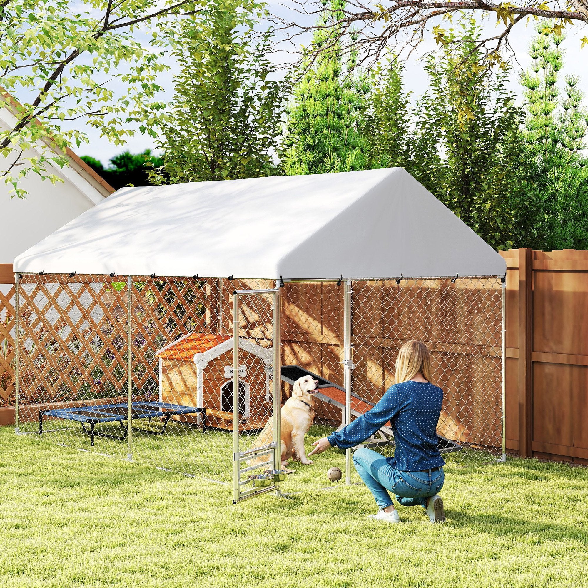 PawHut Outdoor Dog Run with Adjustable & Rotatable Bowls, Waterproof UV-Resistant Cover, Escape-Proof Lock, 13.1' x 7.5' x 7.5'