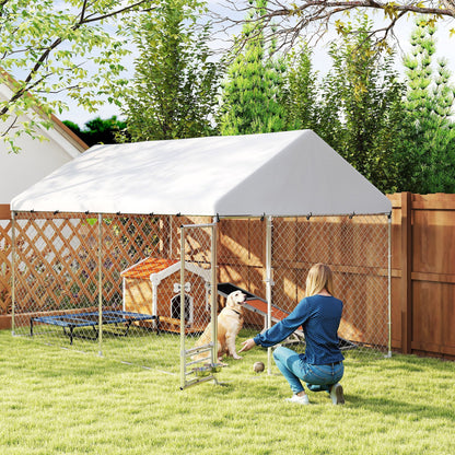 PawHut Outdoor Dog Run with Adjustable & Rotatable Bowls, Waterproof UV-Resistant Cover, Escape-Proof Lock, 13.1' x 7.5' x 7.5'