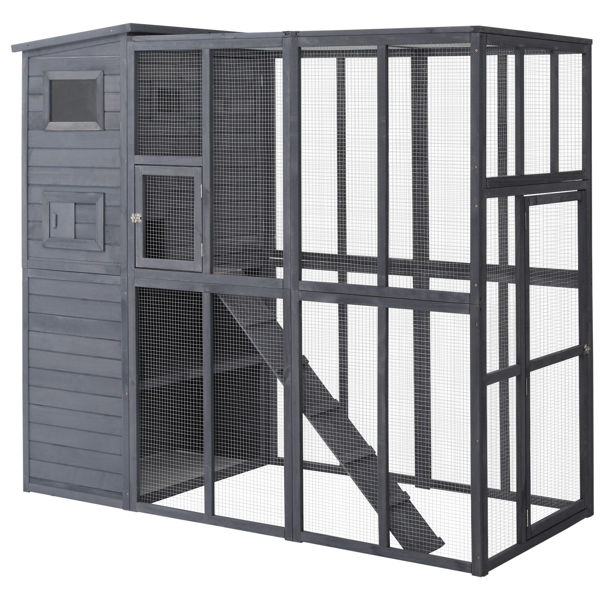 PawHut Outdoor Wooden Catio with 4 Tier Main House, Ramp, Platforms, Asphalt Roof, Ramps, Sliding Door, Window, Grey