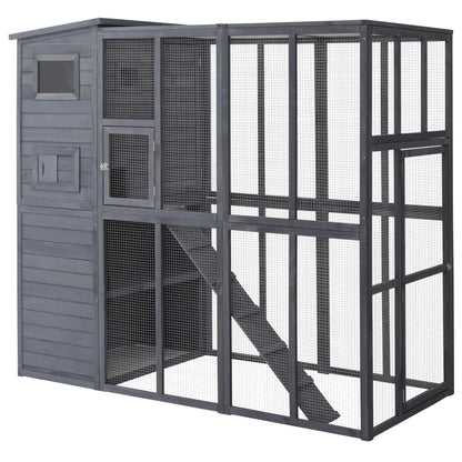 PawHut Outdoor Wooden Catio with 4 Tier Main House, Ramp, Platforms, Asphalt Roof, Ramps, Sliding Door, Window, Grey
