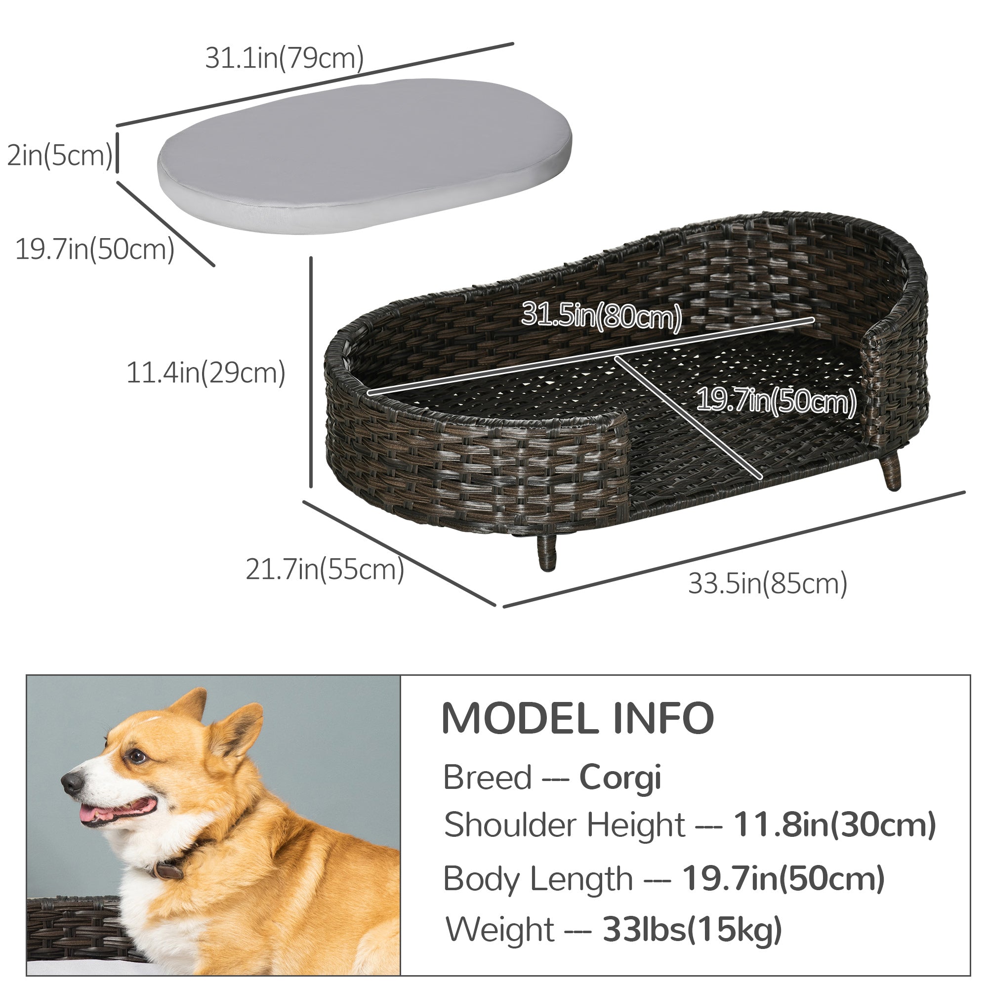 PawHut Raised Ratten Dog Bed Sofa, Elevated Wicker Cat Couch Bed with Removable Soft Cushion Washable Cover, for Small & Medium Dogs, Charcoal Grey