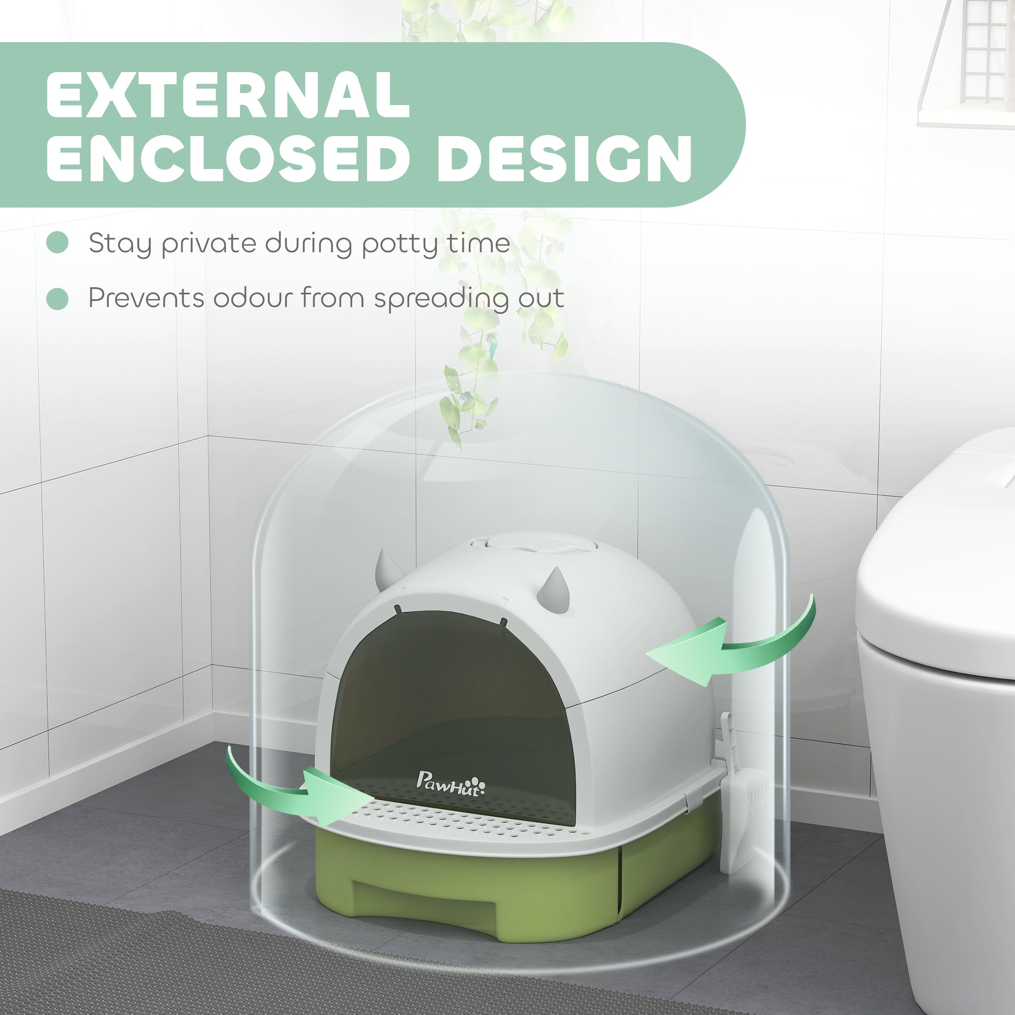 PawHut Cat Litter Box with Lid, Front Door Flap, Scoop, Handle, Easy Clean, for Small and Medium Cats, Green