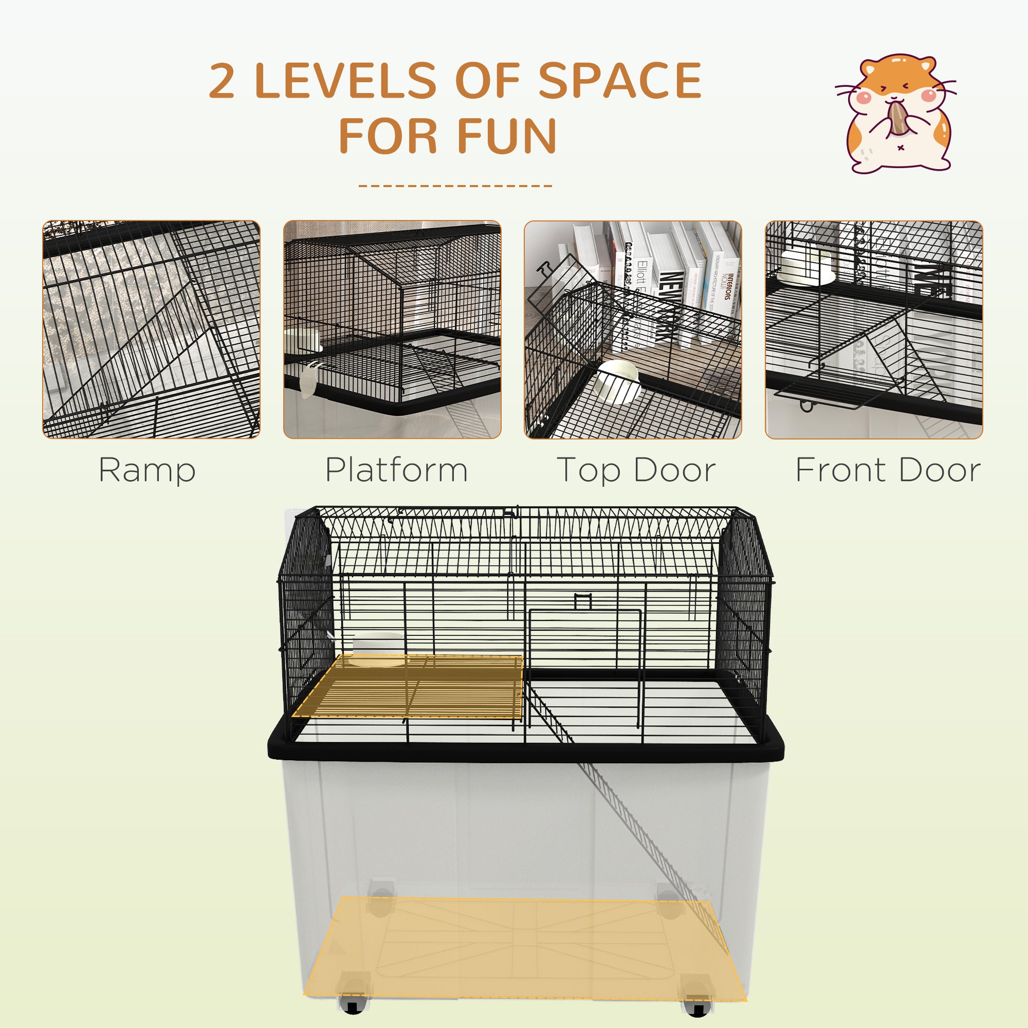 PawHut Hamster House Gerbil Habitat for Dwarf Hamster, Syrian Hamster with Wheels, Detachable Bottom - Black