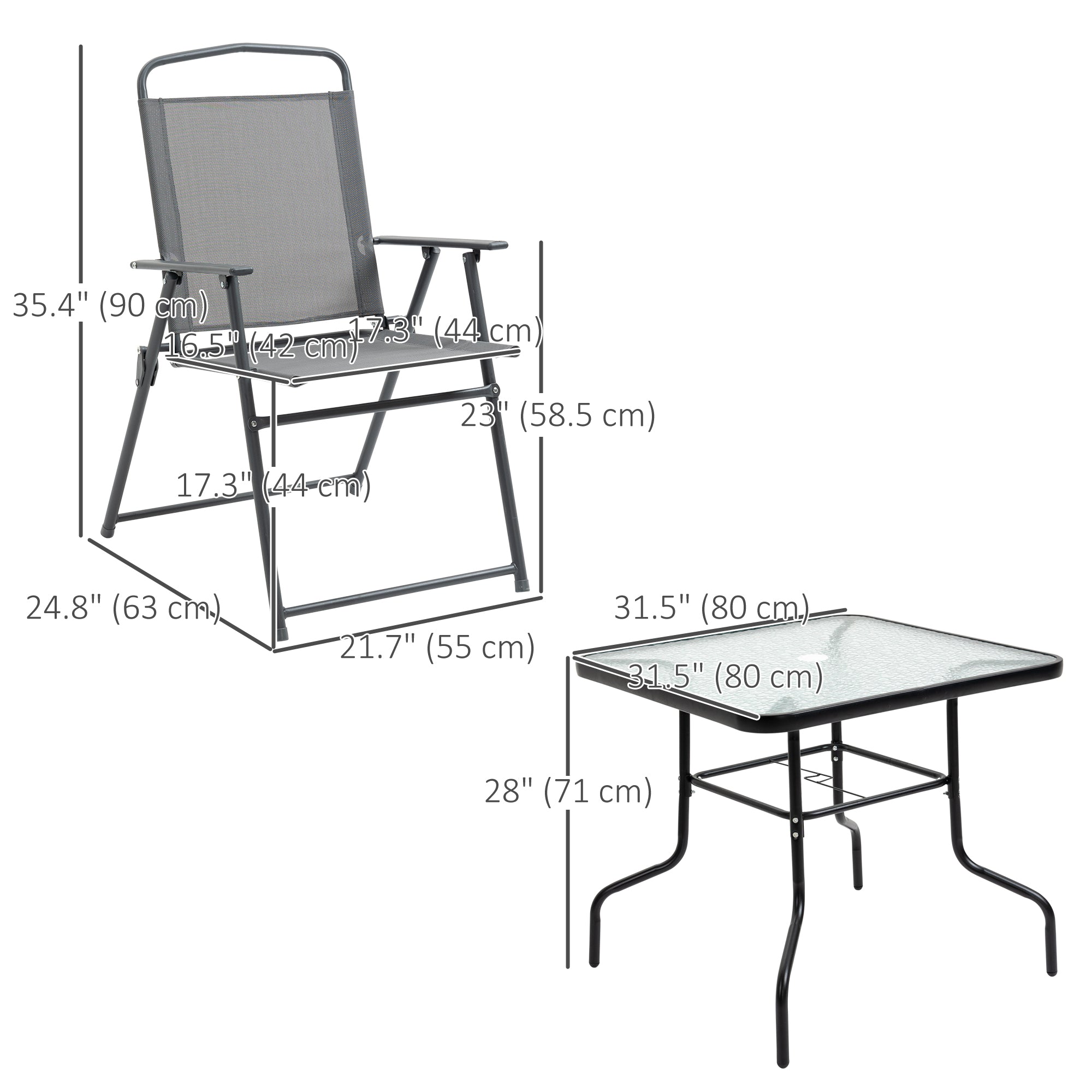 Outsunny 5 Pieces Patio Table and Chairs, Outdoor Dining Set with 4 Folding Chairs, Glass Tabletop and Parasol Hole, Grey