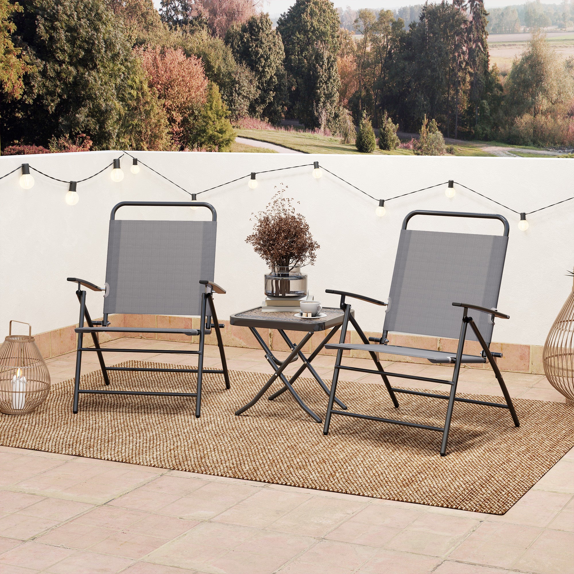 Outsunny Folding Bistro Set, Small Patio Set with Back Adjustable Chairs and Glass Top Table for Garden, Balcony, Porch, Grey