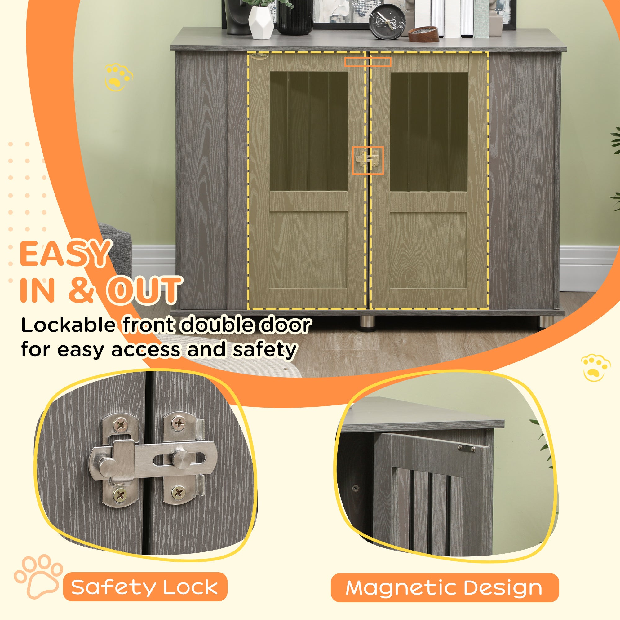 PawHut Dog Crate Furniture with Lockable Magnetic Door, Adjustable feet for Extra Large, Medium & Small Dogs, Indoor Use, Grey