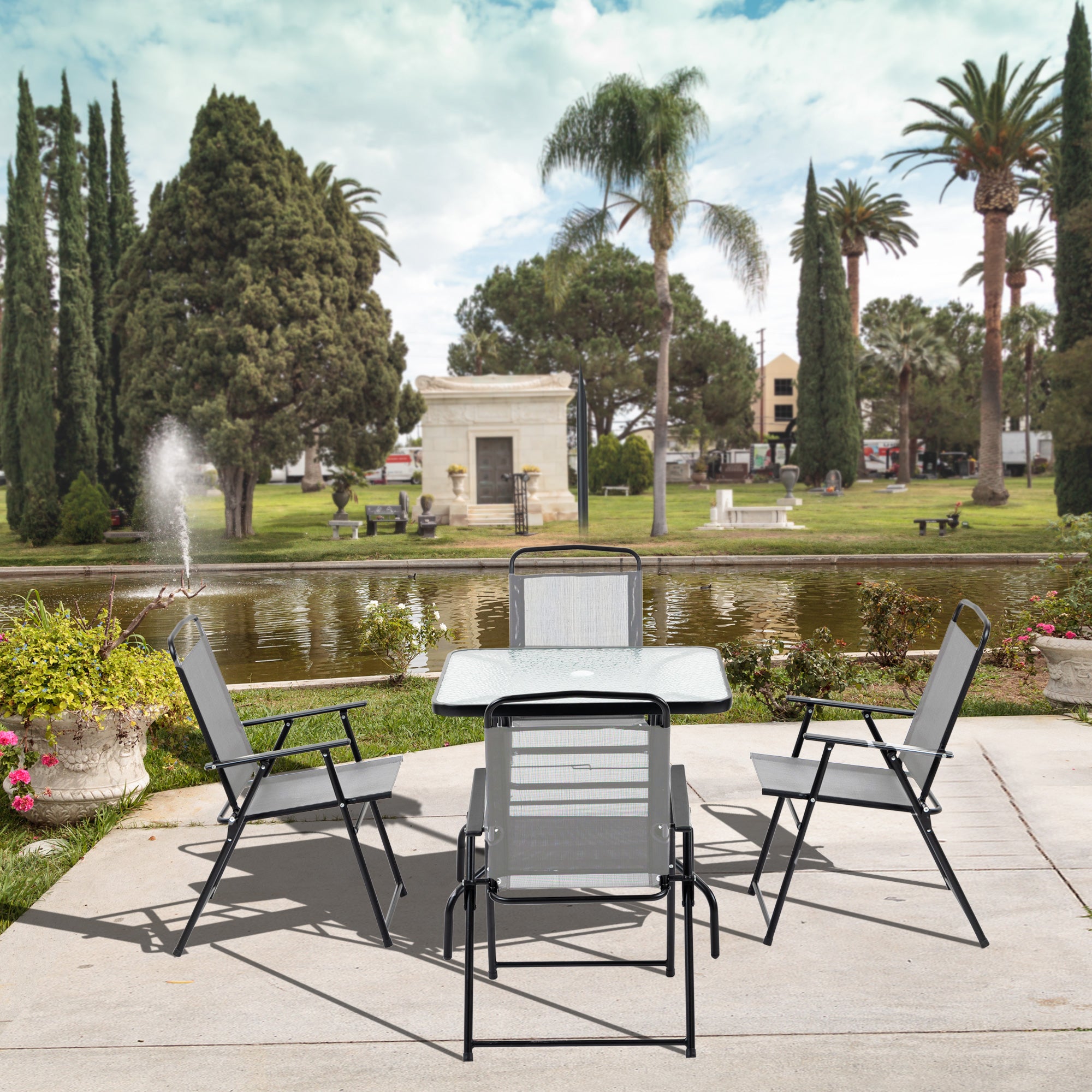 Outsunny 5 Pieces Patio Table and Chairs, Outdoor Dining Set with 4 Folding Chairs, Glass Tabletop and Parasol Hole, Grey