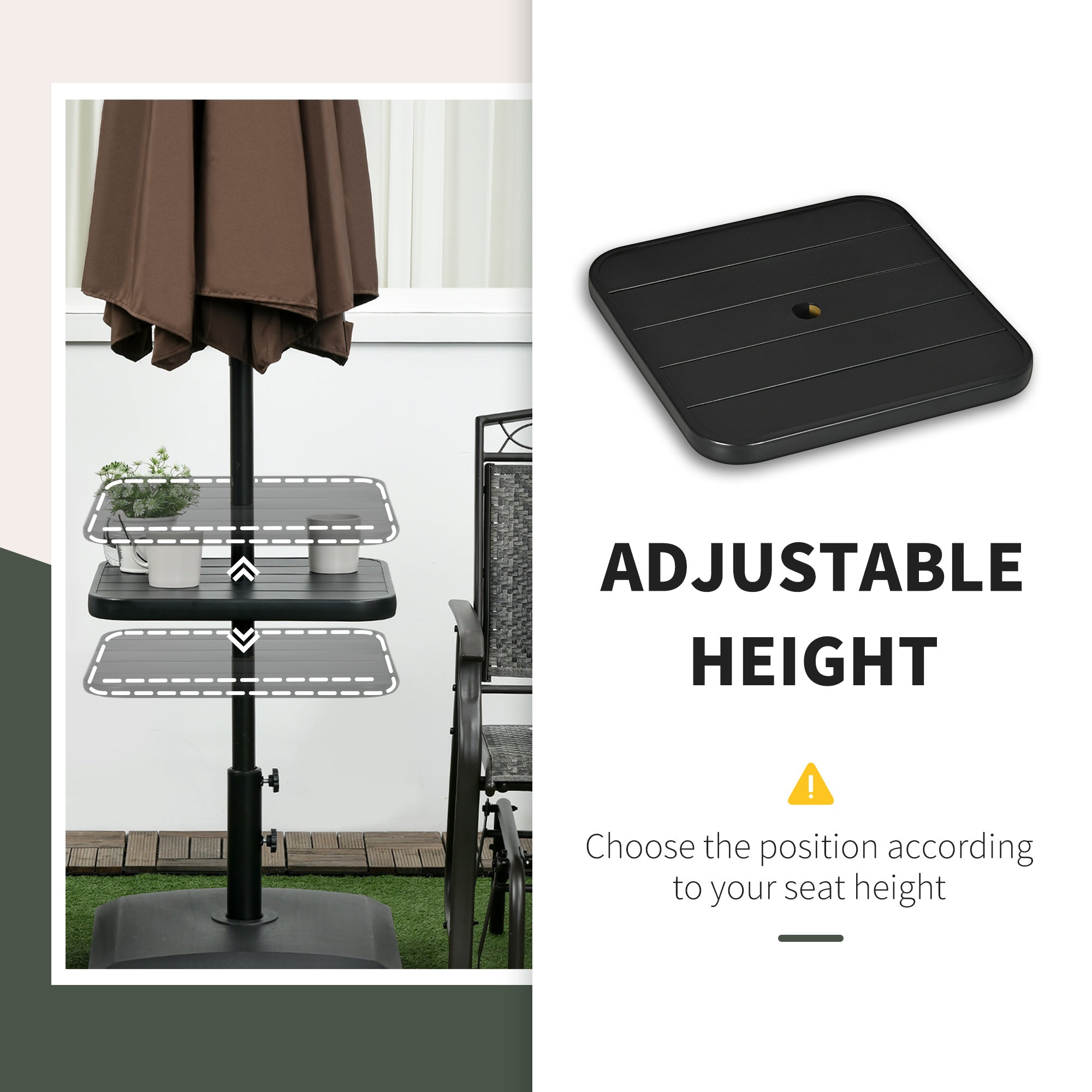 Outsunny 19" Beach Umbrella Table Tray, Portable Square Umbrella Table Top with Umbrella Hole for Swimming Pool, Patio, Deck, Garden, Black