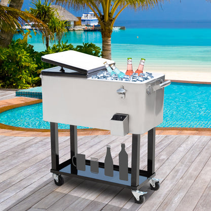 Outsunny 80 Quart Rolling Cooler Cart Portable Patio Ice Beer Beverage Cooling Bin for Outdoor Party w/ Bottle Opener & Storage Shelf Silver