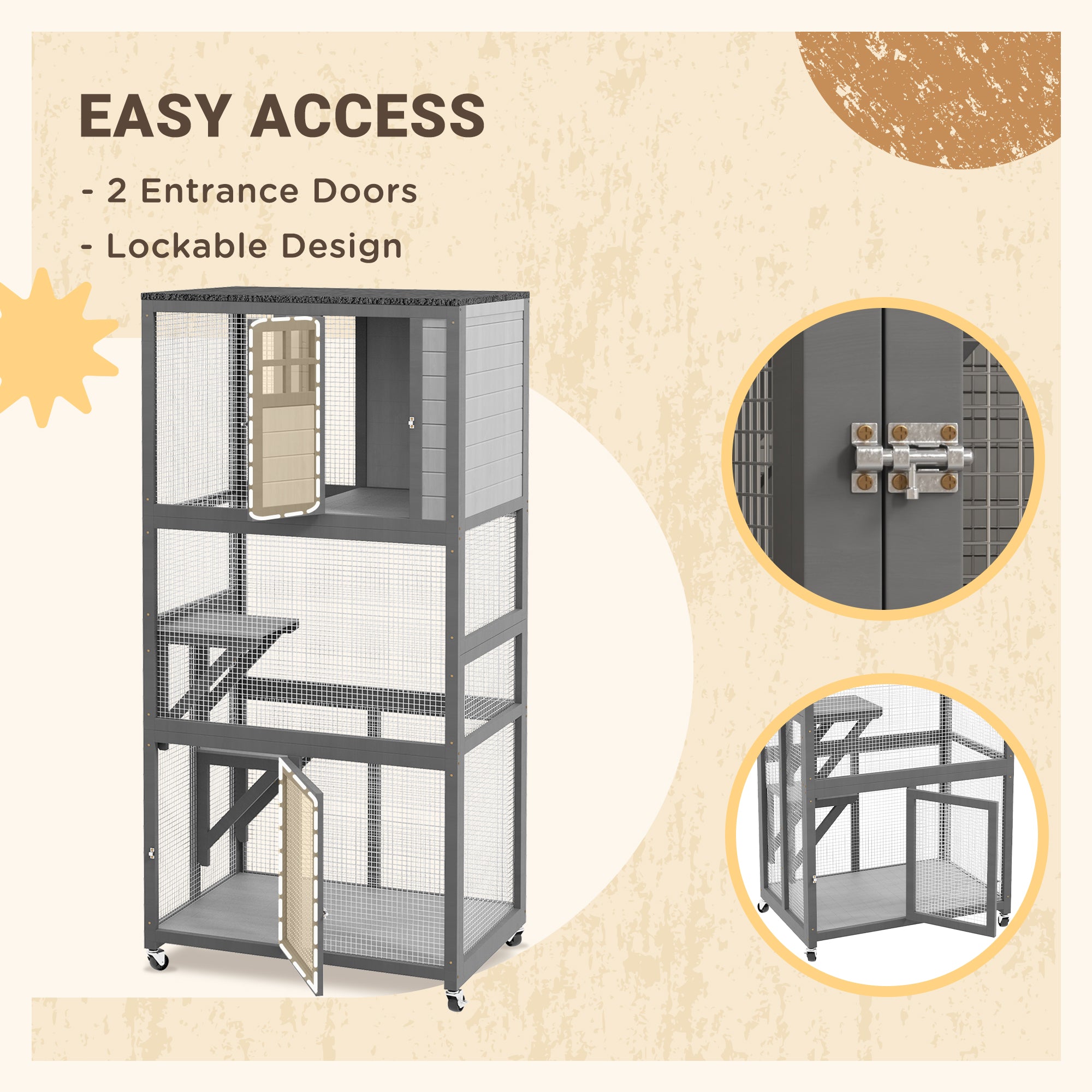 PawHut 74" Wooden Outdoor Cat House Weatherproof & Wheeled with High Weight Capacity, Kitten Cage Condo, Light Grey