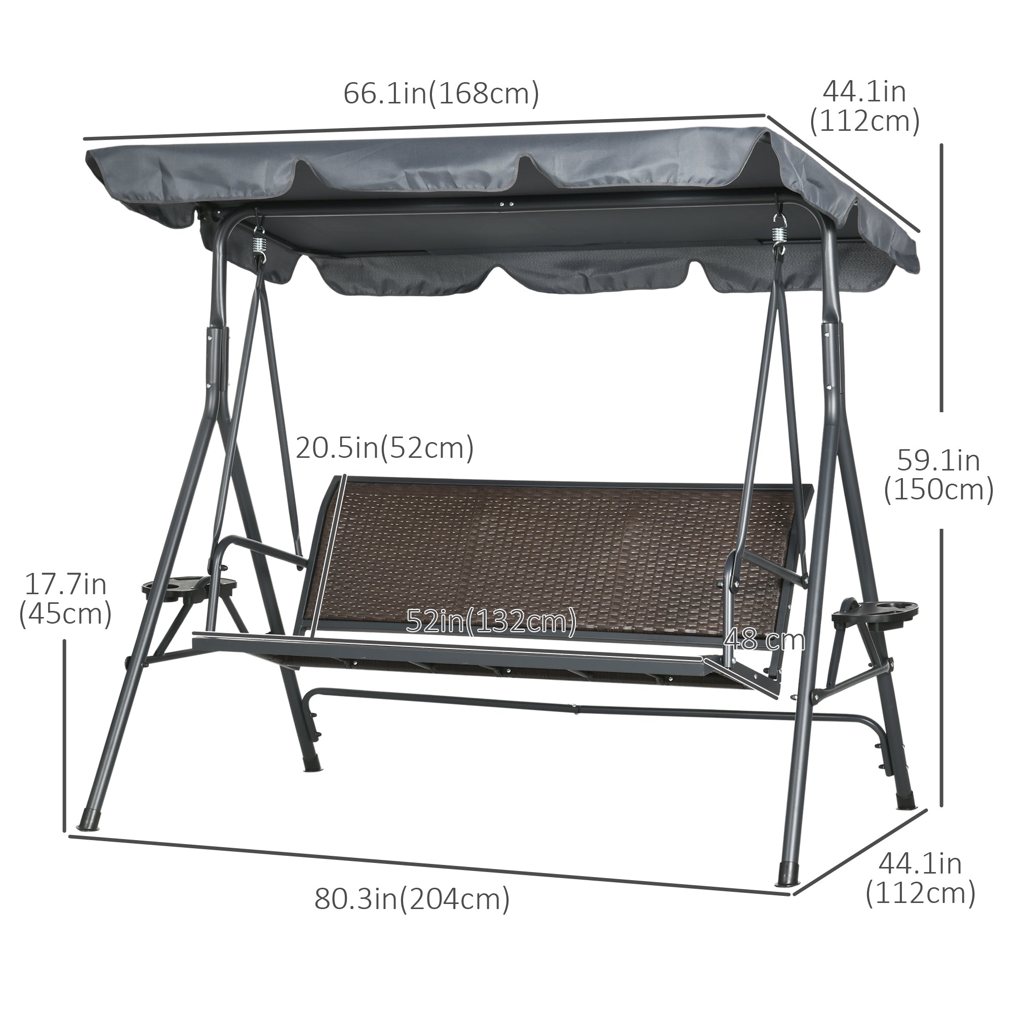 Outsunny 3-Seat Patio Swing Chair, Outdoor Canopy Swing Glider with Adjustable Shade, Rattan Seat and Steel Frame, for Porch, Garden, Poolside, Dark Grey