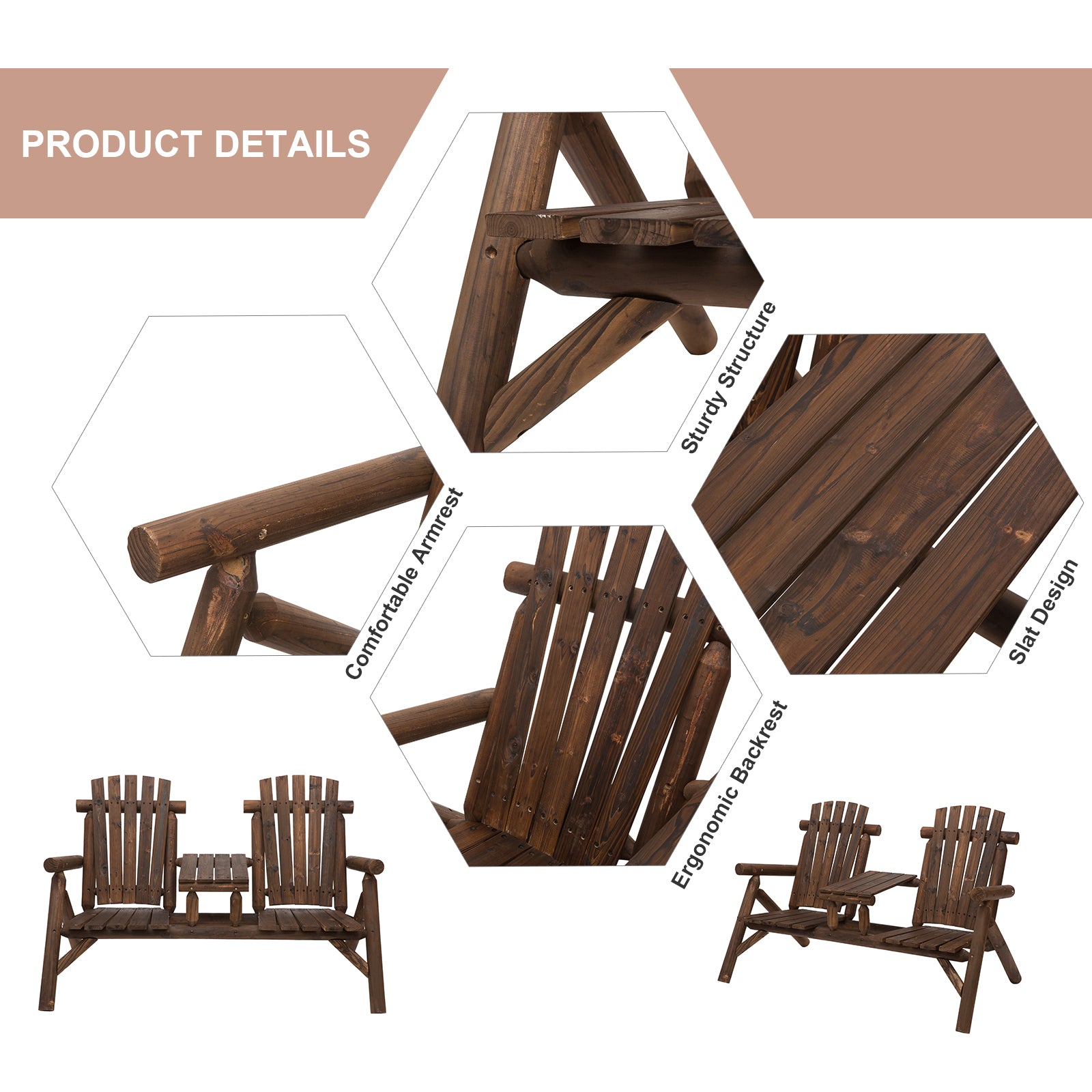 Outsunny Wood Adirondack Patio Chair Bench with Center Coffee Table, for Lounging and Relaxing Outdoors Carbonized
