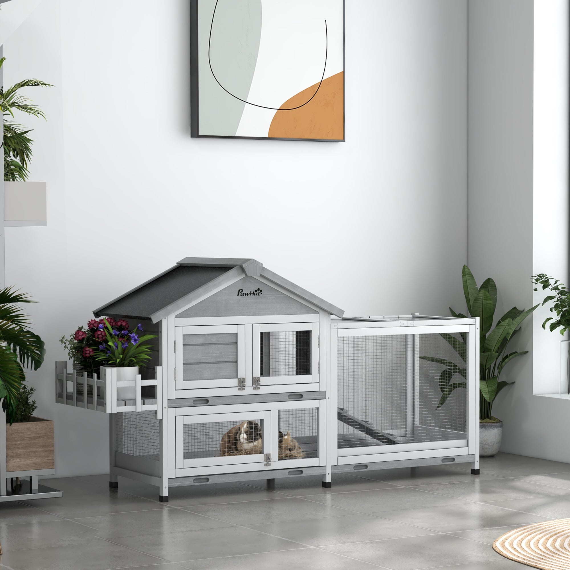 PawHut 65" Wooden Rabbit Hutch, Pet Playpen with Openable Roof, Storage Box, for Rabbits and Small Animals, Grey