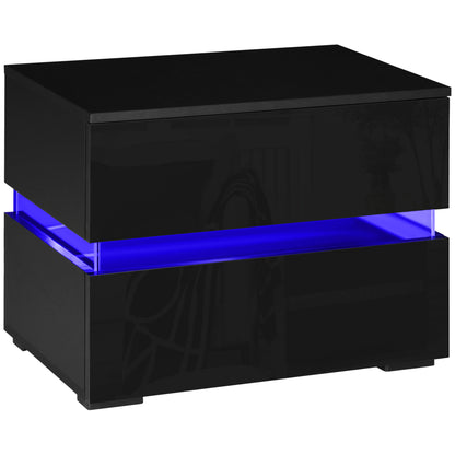 HOMCOM Modern Nightstand, Bedside Table with 2 Drawers, USB Powered RGB LED Lights, Remote for Bedroom, Black
