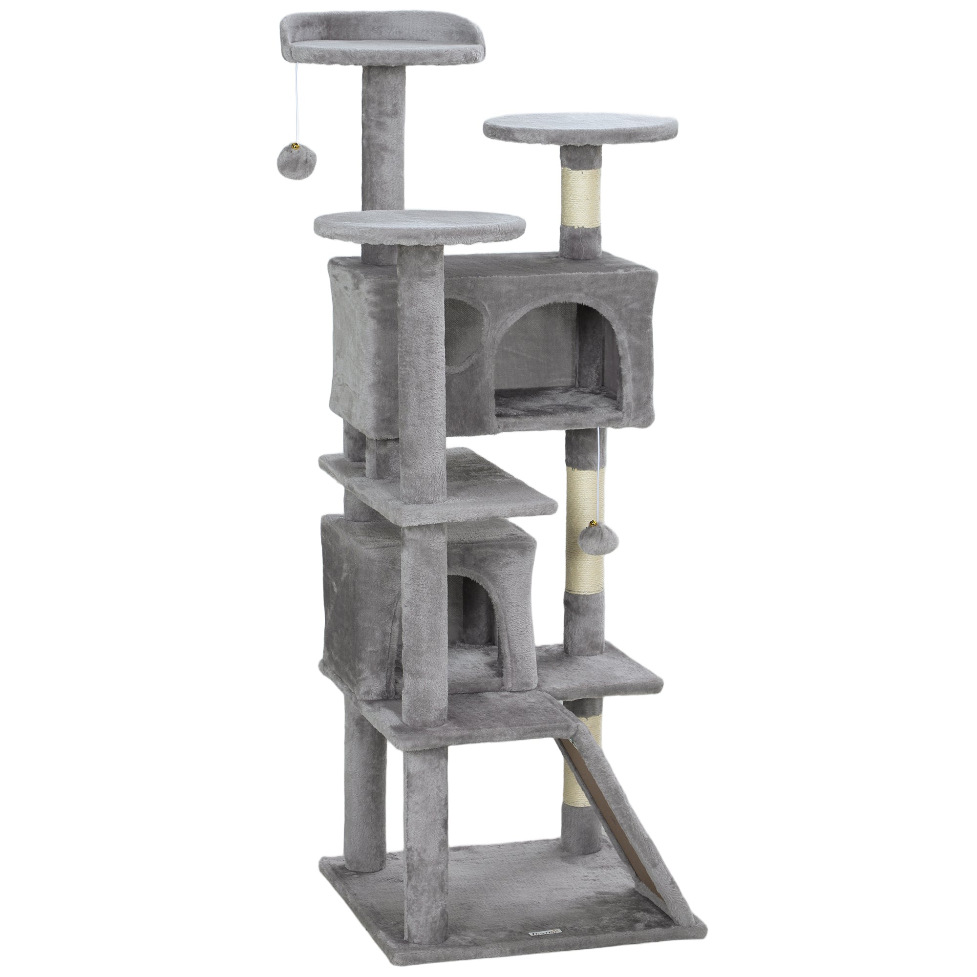 PawHut 54" Cat Tree, Multi-Level Cat Tower with Scratching Posts, Cat Condos, Bed, Platforms, Ramp, Toy Ball, Light Grey