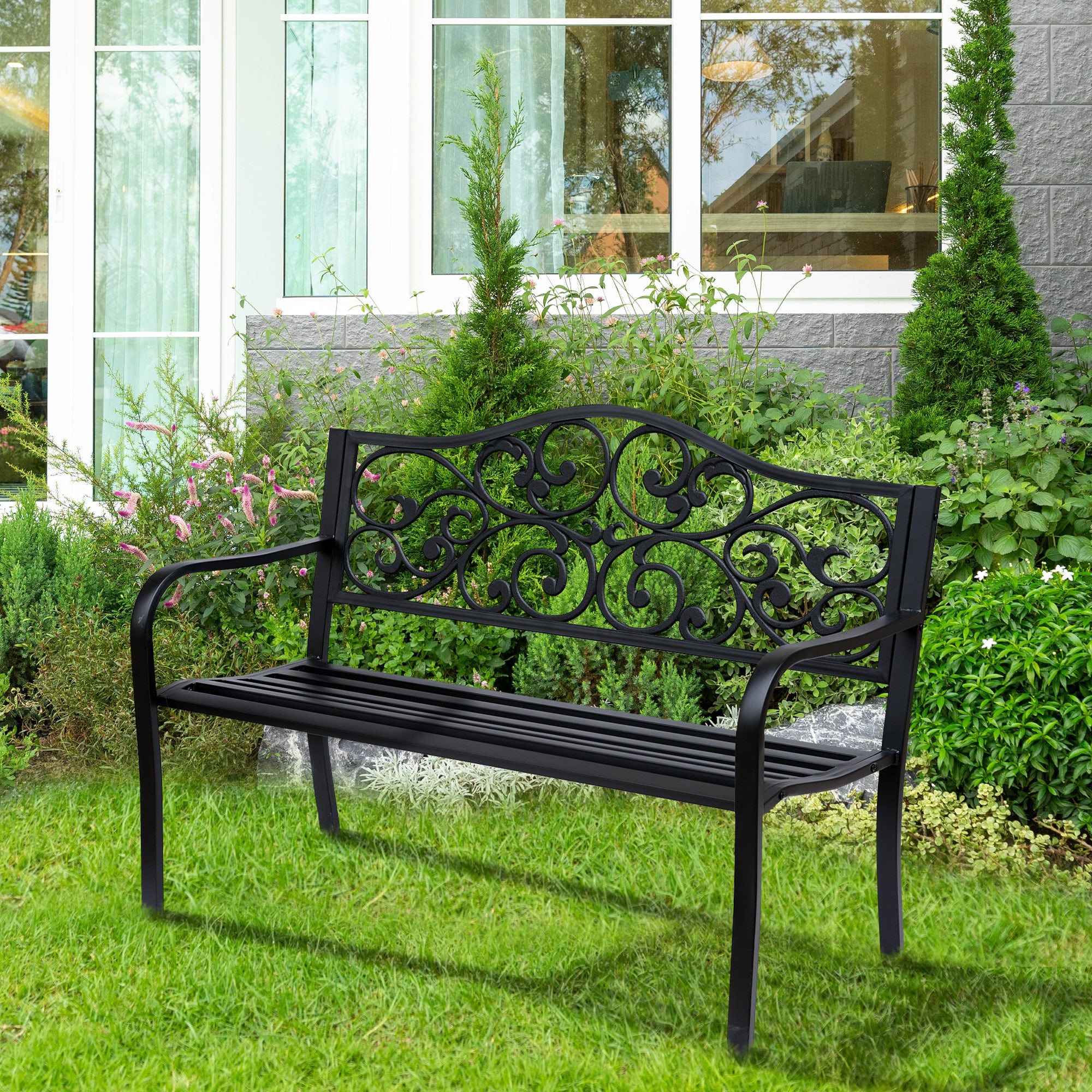 Outsunny Garden Bench Outdoor Loveseat with Vintage Floral Pattern Cast Metal, 50" x 23.6" x 35", Black