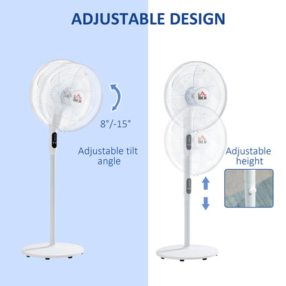 HOMCOM Floor Standing Fan with Remote Control, Oscillating, LED Screen, Stand Up Cooling Fan, Tall Pedestal Electric Fan for Home Bedroom, White