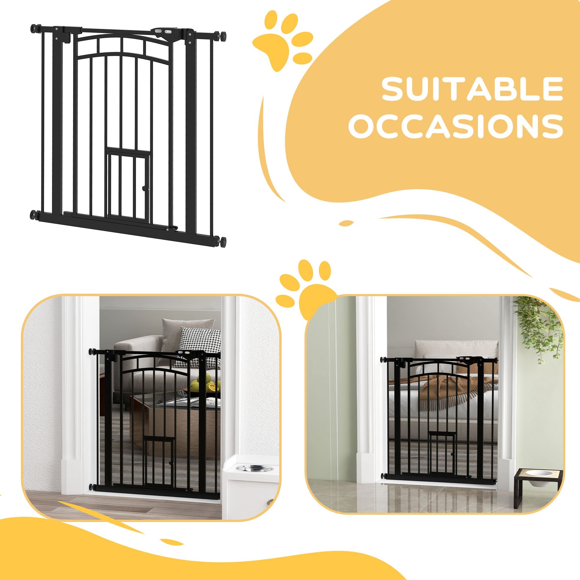 PawHut Auto-Close Pet Gate, Stair Gate with Cat Door, Double Locking for Doorways Hallways Stairs, Fits 29"-31.5" Wide, Black