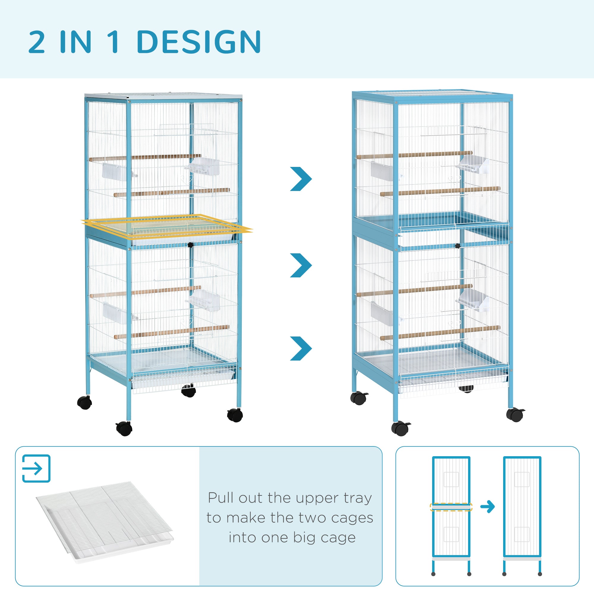 PawHut 55.1" 2 In 1 Bird Cage Aviary Parakeet House for finches, budgies with Wheels, Slide-out Trays, Wood Perch, Food Containers, Light Blue