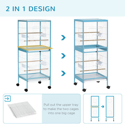 PawHut 55.1" 2 In 1 Bird Cage Aviary Parakeet House for finches, budgies with Wheels, Slide-out Trays, Wood Perch, Food Containers, Light Blue