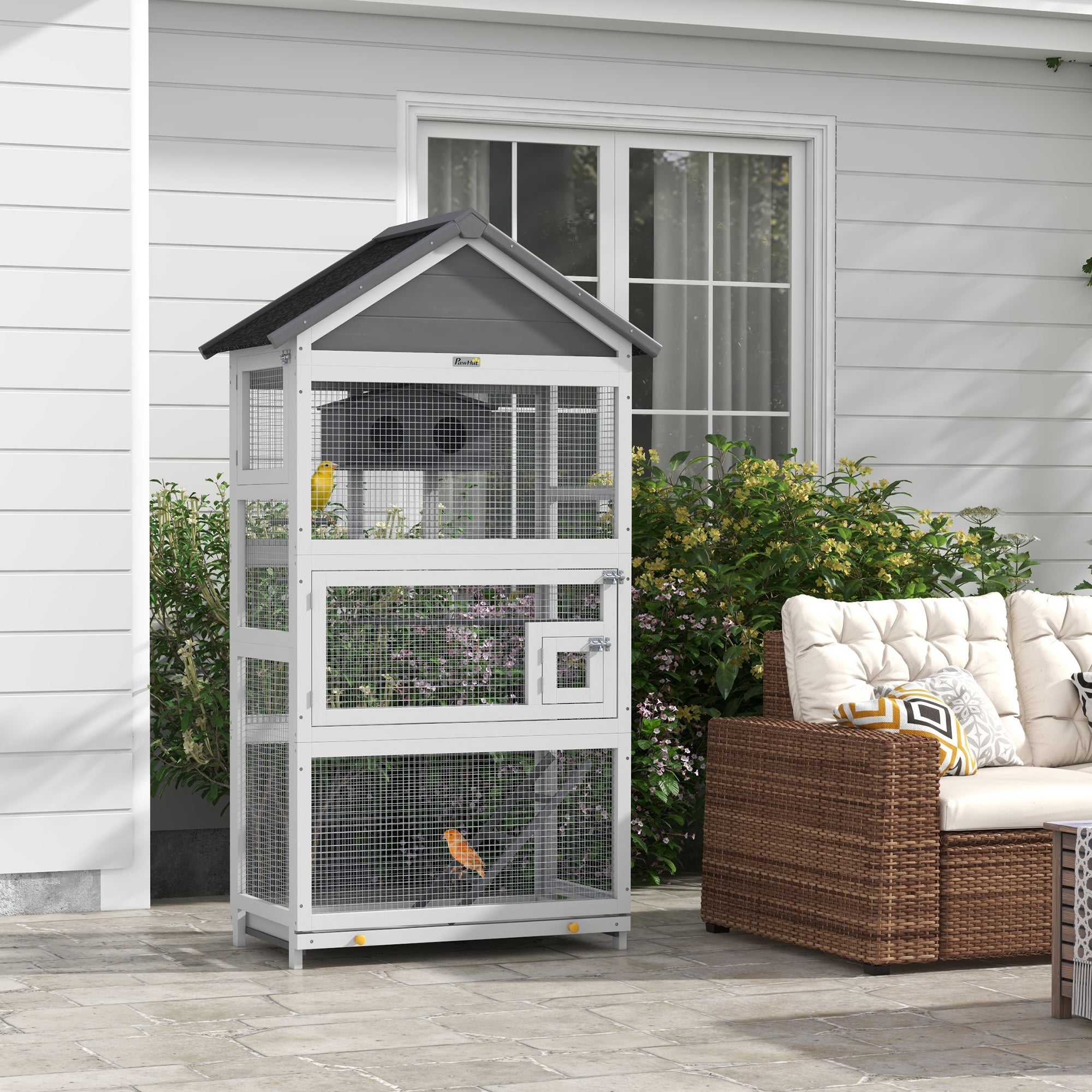 PawHut Wooden Bird Cage with Perches, Bird House, Ladder, Slide-Out Tray for Finches, Parakeets, Small Birds, Grey