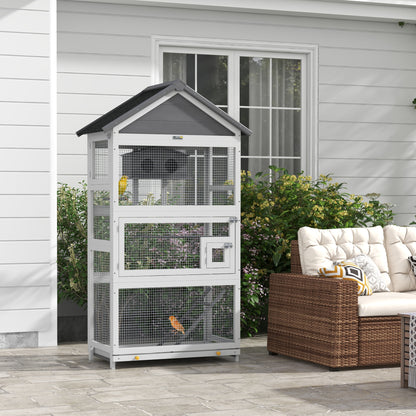 PawHut Wooden Bird Cage with Perches, Bird House, Ladder, Slide-Out Tray for Finches, Parakeets, Small Birds, Grey