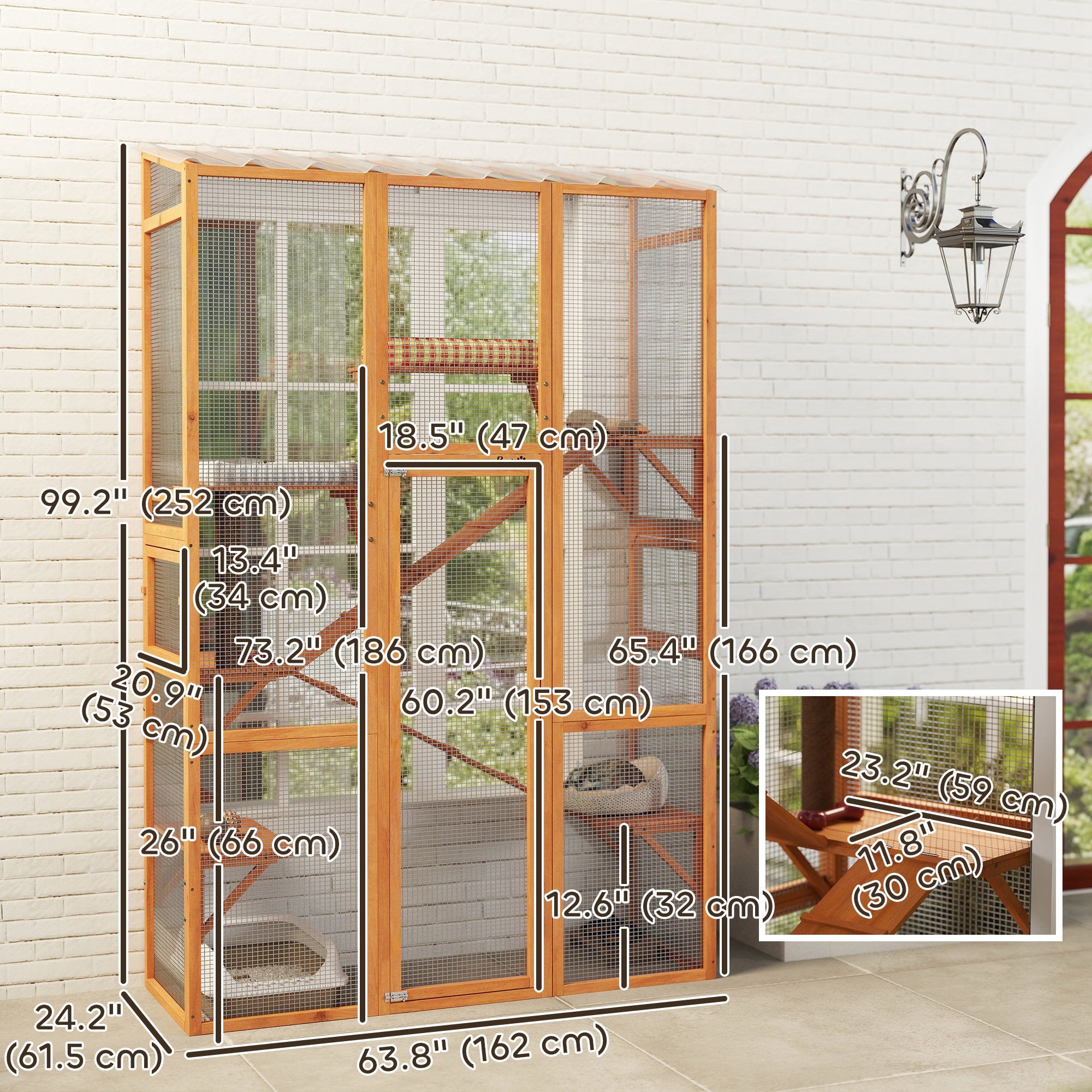 PawHut Wooden Catio Outdoor Cat Enclosure with 6 Jumping Platforms, Scratching Post, 2 Ramps, Waterproof Roof, for 2-3 Kittens