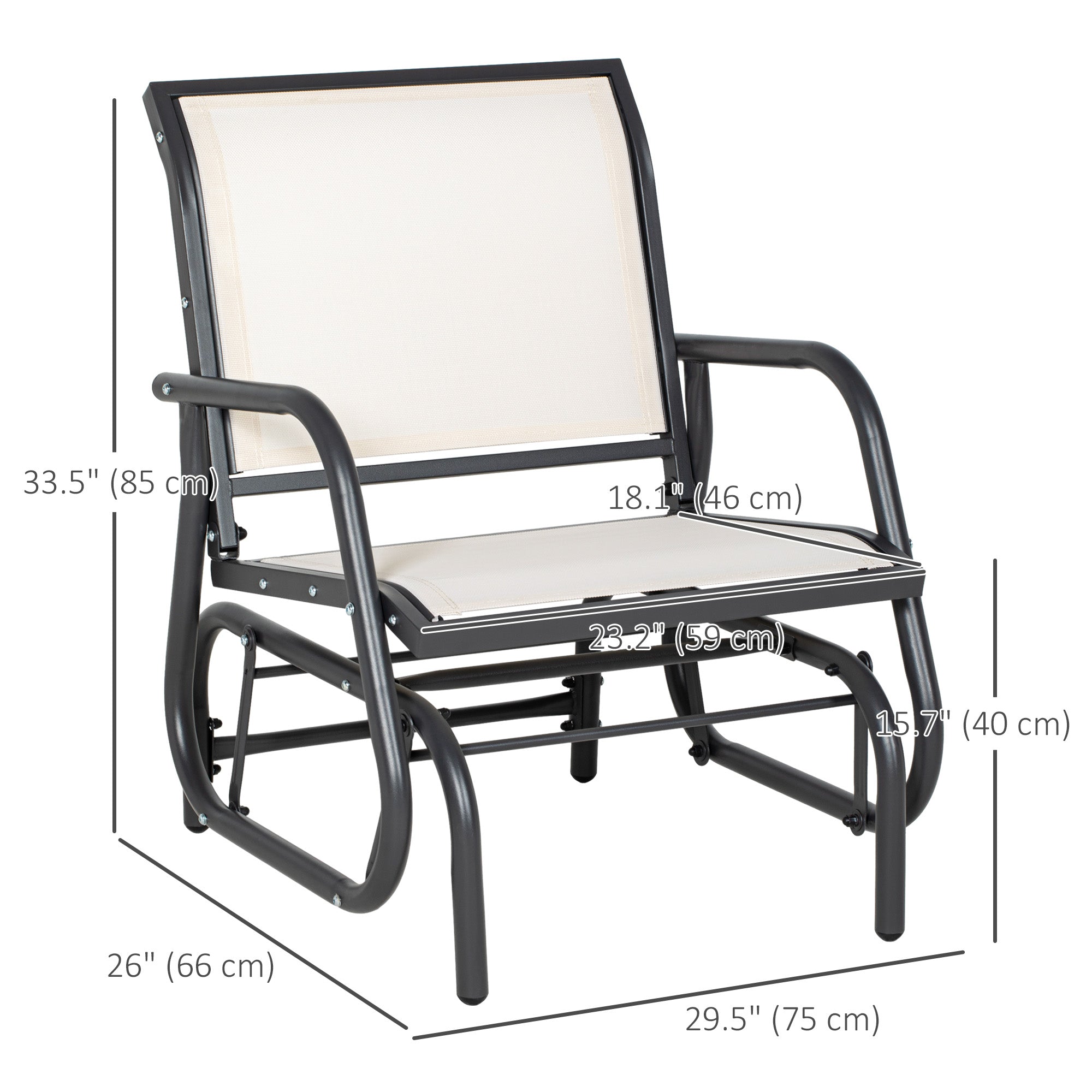Outsunny Patio Glider with Breathable Mesh Fabric Seat & Backrest, Metal Frame Outdoor Glider Swing Chair with Armrests, Cream