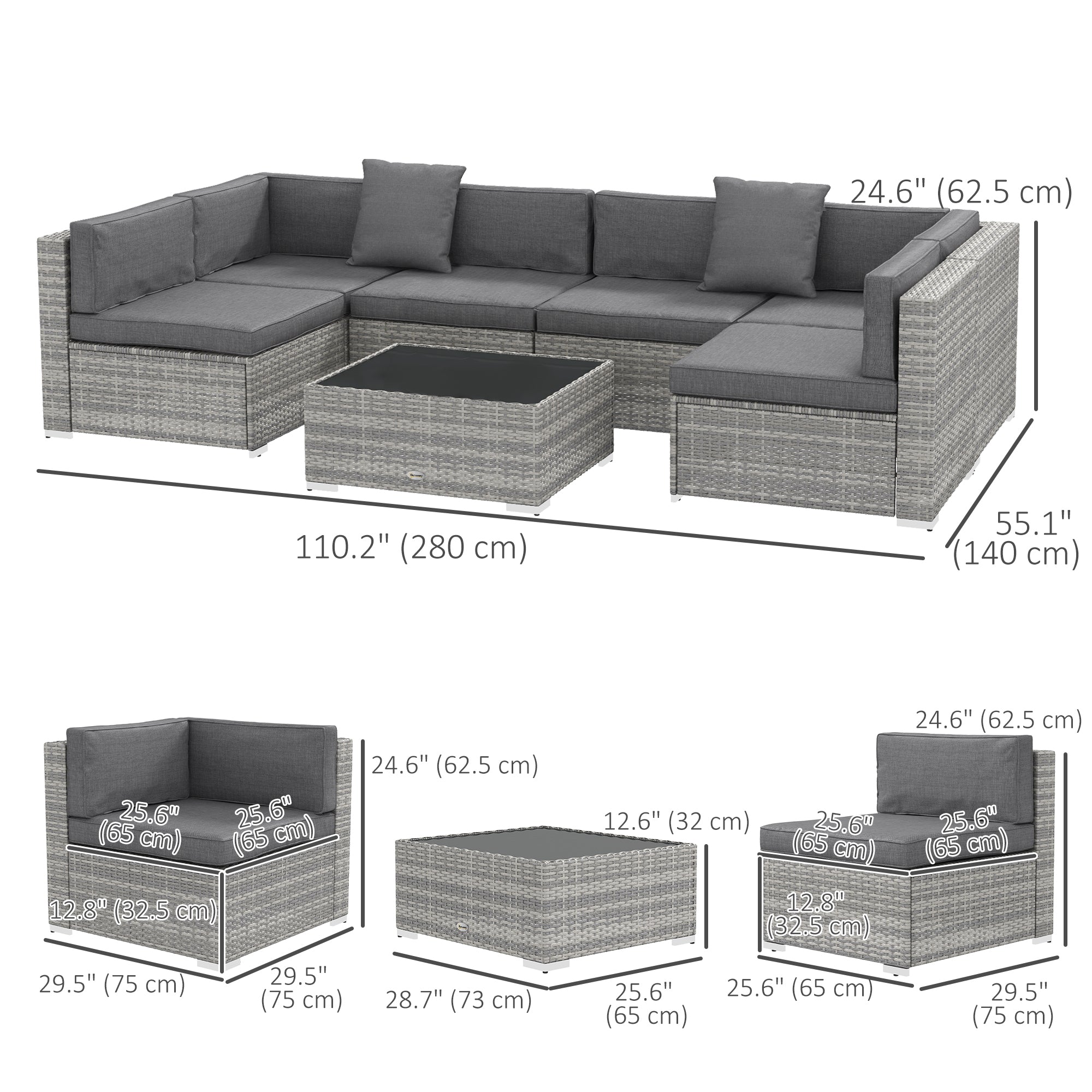 Outsunny 7pc Garden Wicker Sectional Set w/ Tea Table Patio Rattan Lounge Sofa Outdoor Deck Furniture Grey