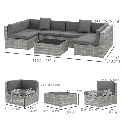 Outsunny 7pc Garden Wicker Sectional Set w/ Tea Table Patio Rattan Lounge Sofa Outdoor Deck Furniture Grey