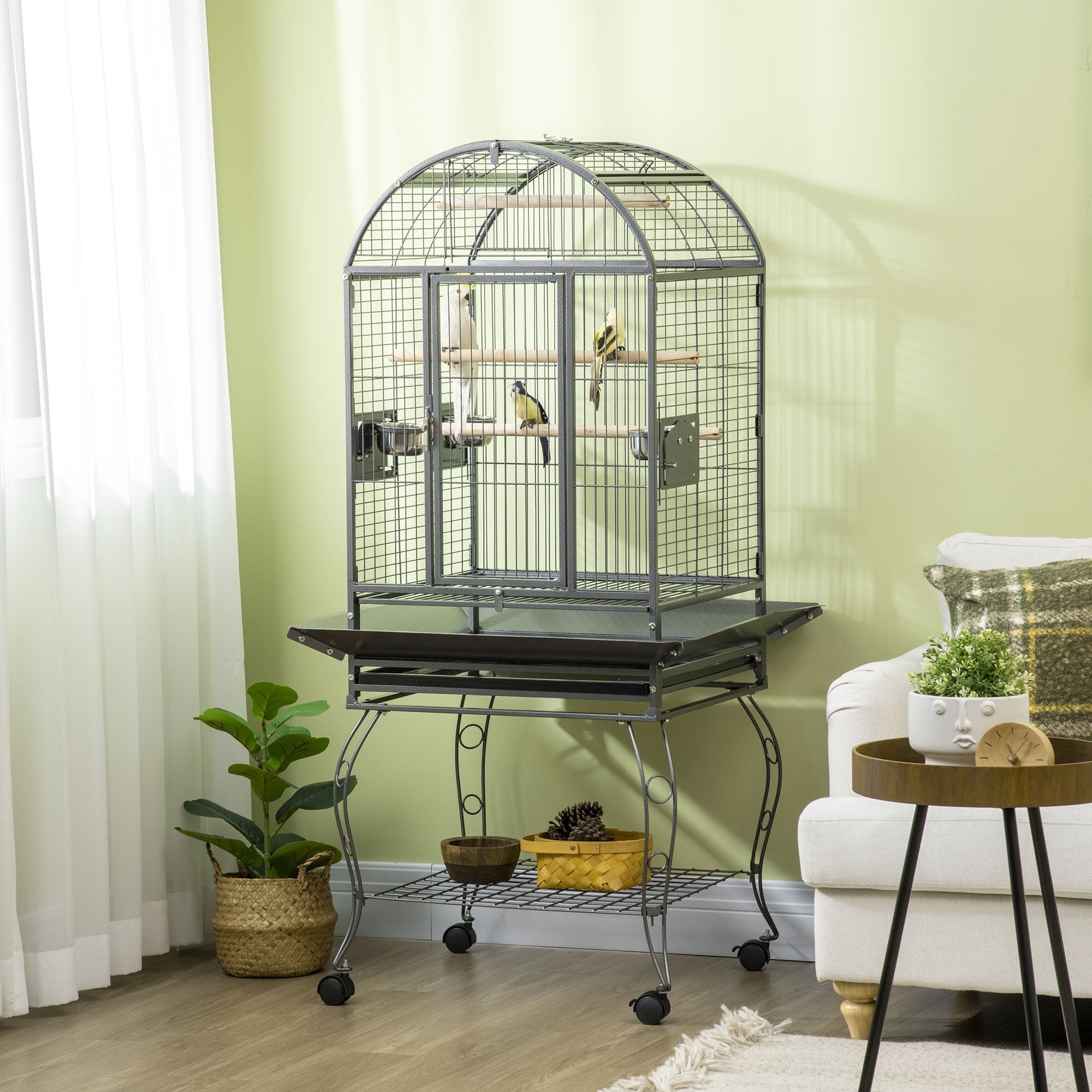 PawHut 66" Bird Cage Parrot Cage for Conures, Cockatiels, Parrotlet with Play Top, Rolling Stand, Pull Out Tray, Storage Shelf