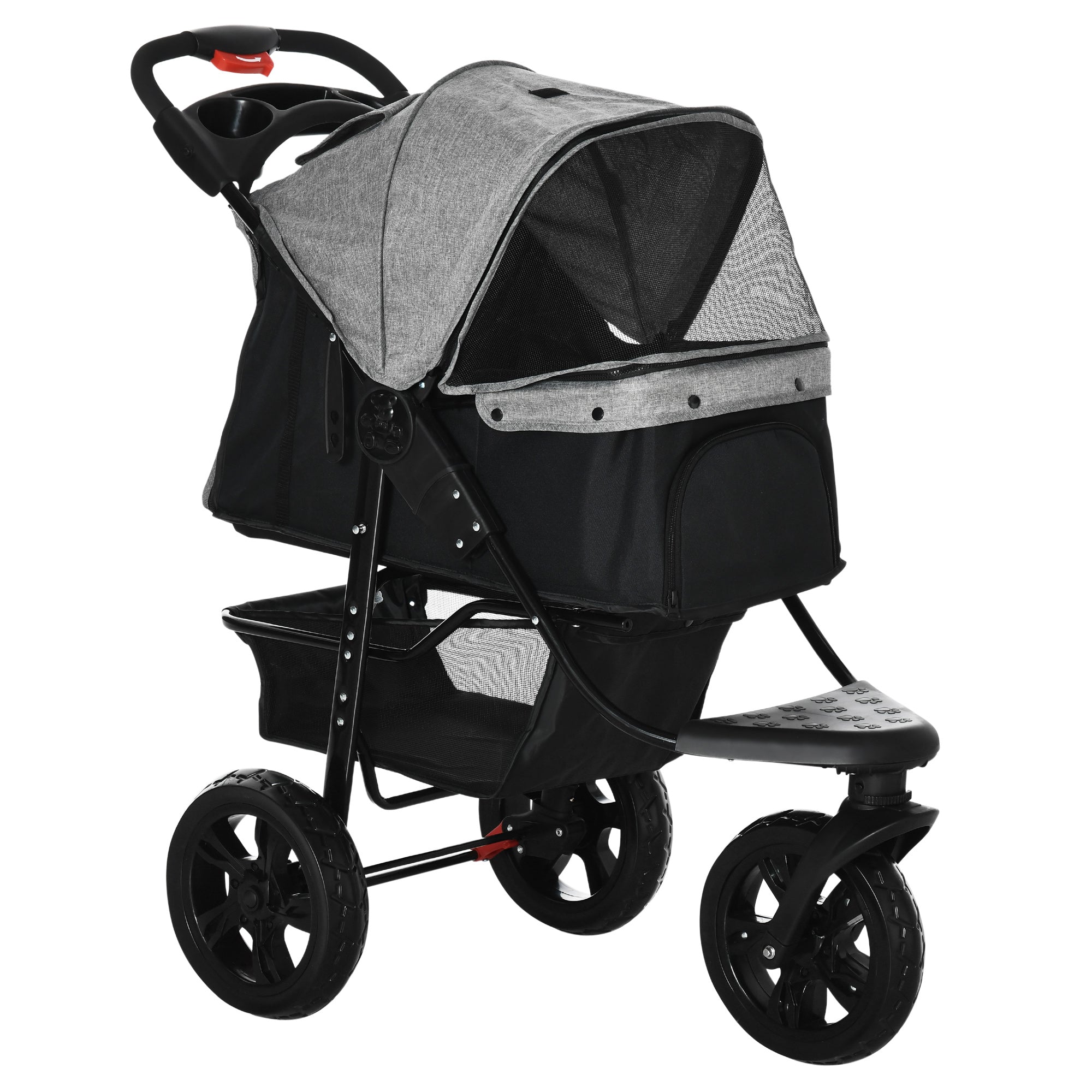PawHut 3 Wheel Folding Dog Stroller, Jogger Travel Carrier with Adjustable Canopy, Storage Brake, Mesh Window for S&M Dogs Grey