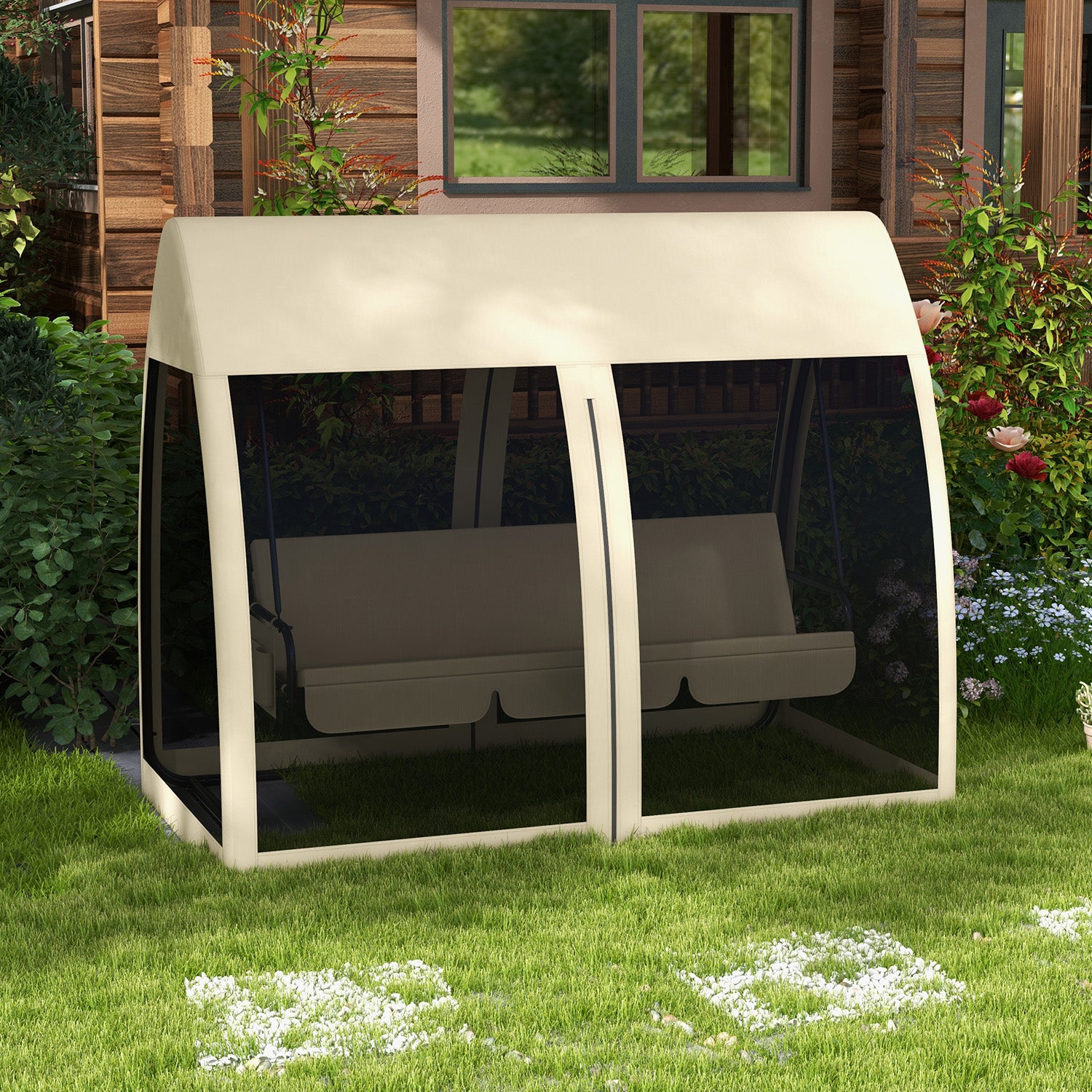 Outsunny 3-Seater Outdoor Swing Chair Chaise Lounger Bed Garden Hammock with Steel Stand, Canopy Netting Walls, Beige