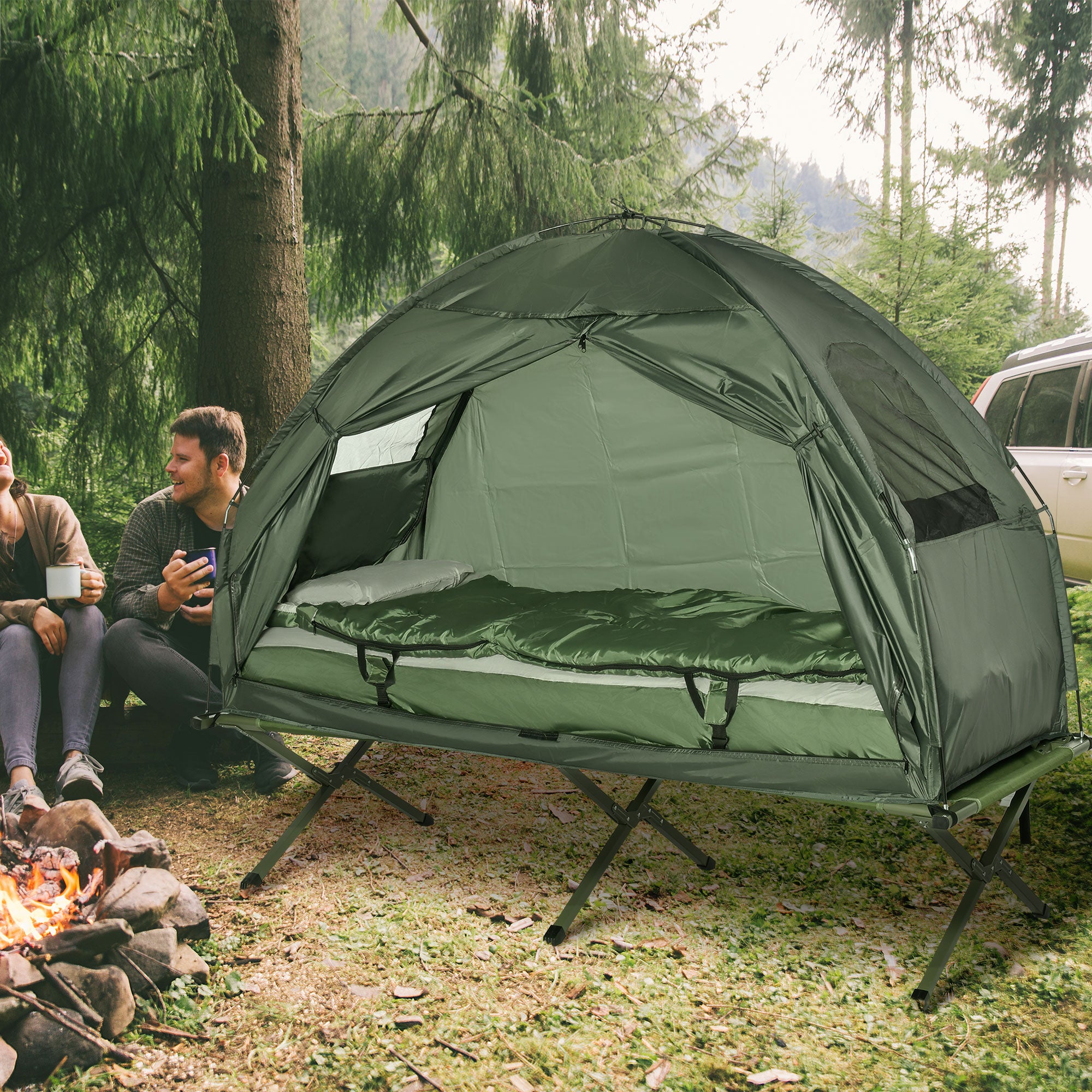 Outsunny Hiking Tent Camping Bed Cot Combo Portable w/ Sleep Bag Mattress
