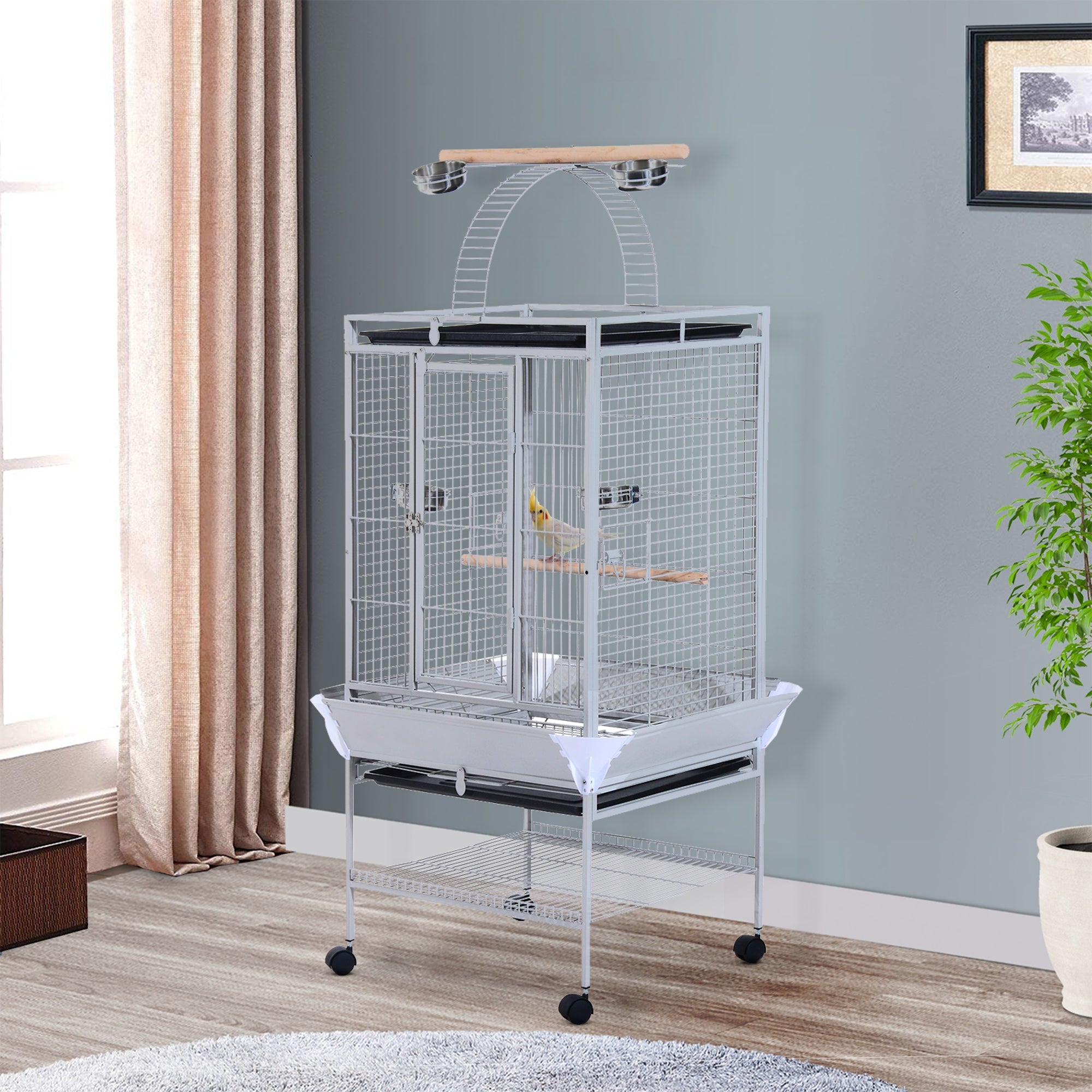 PawHut 63" Large Bird Parrot Cage Stand Finch Feeder Play Top House Perch Bowl Wheels, Silver