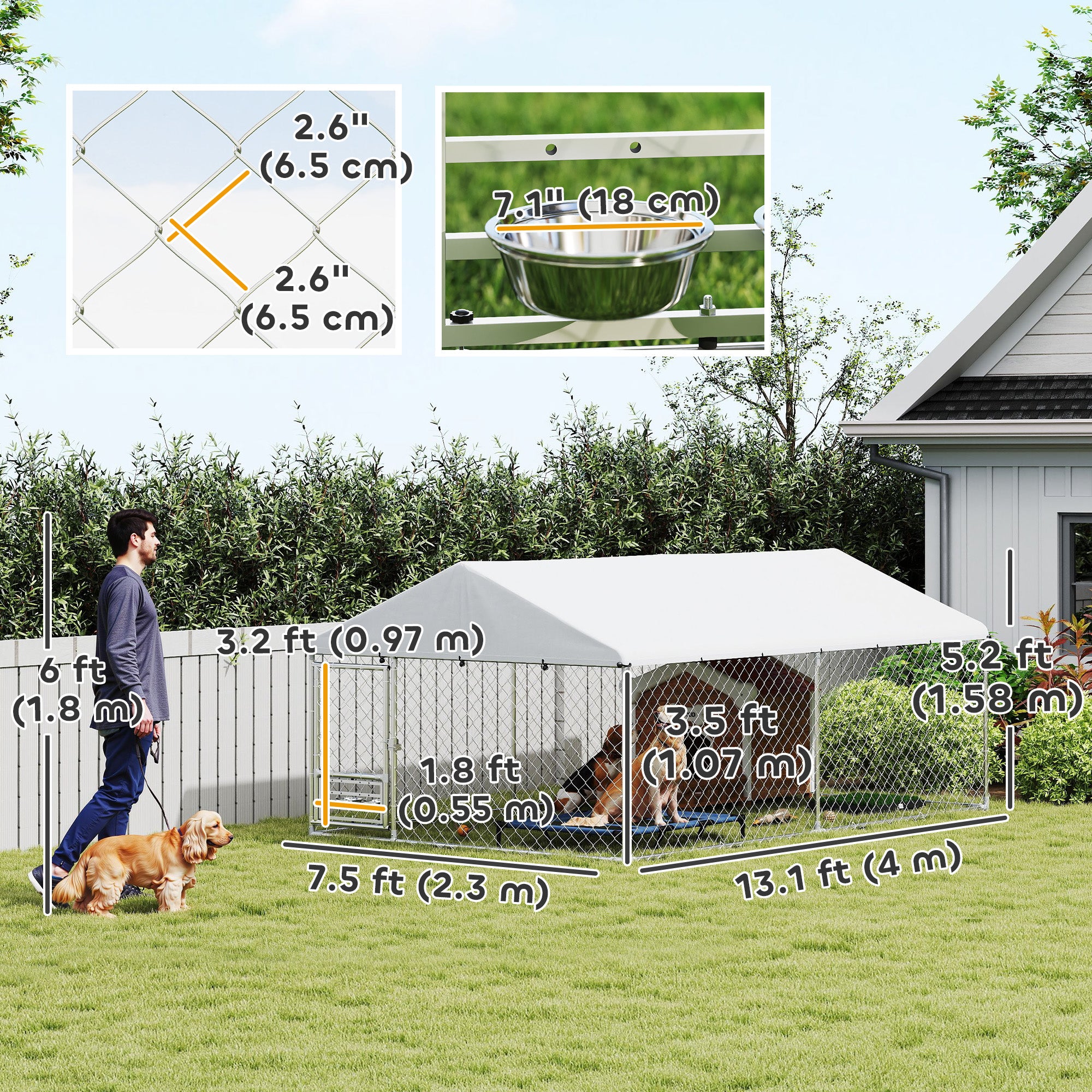 PawHut Outdoor Dog Run w/ Adjustable & Rotating Bowls, Waterproof UV-Resistant Cover, Secure Lock, 13.1' x 7.5' x 5.2'