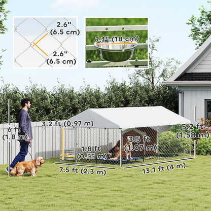 PawHut Outdoor Dog Run w/ Adjustable & Rotating Bowls, Waterproof UV-Resistant Cover, Secure Lock, 13.1' x 7.5' x 5.2'
