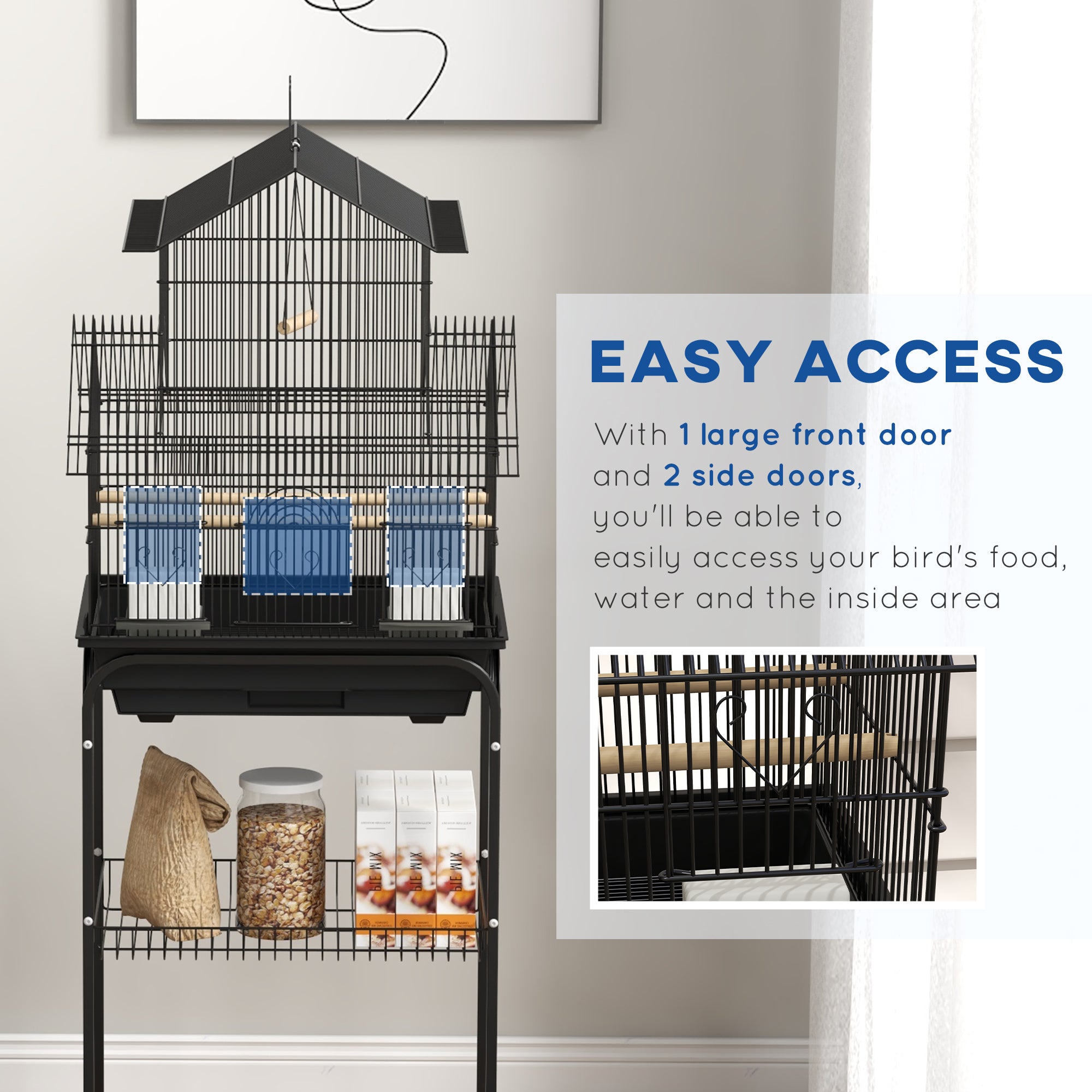 PawHut 48" Bird Cage with Perch, Swing, Food Container, Slide-out Tray, Handle, Parrot Cage for Finches, Canaries, Budgies