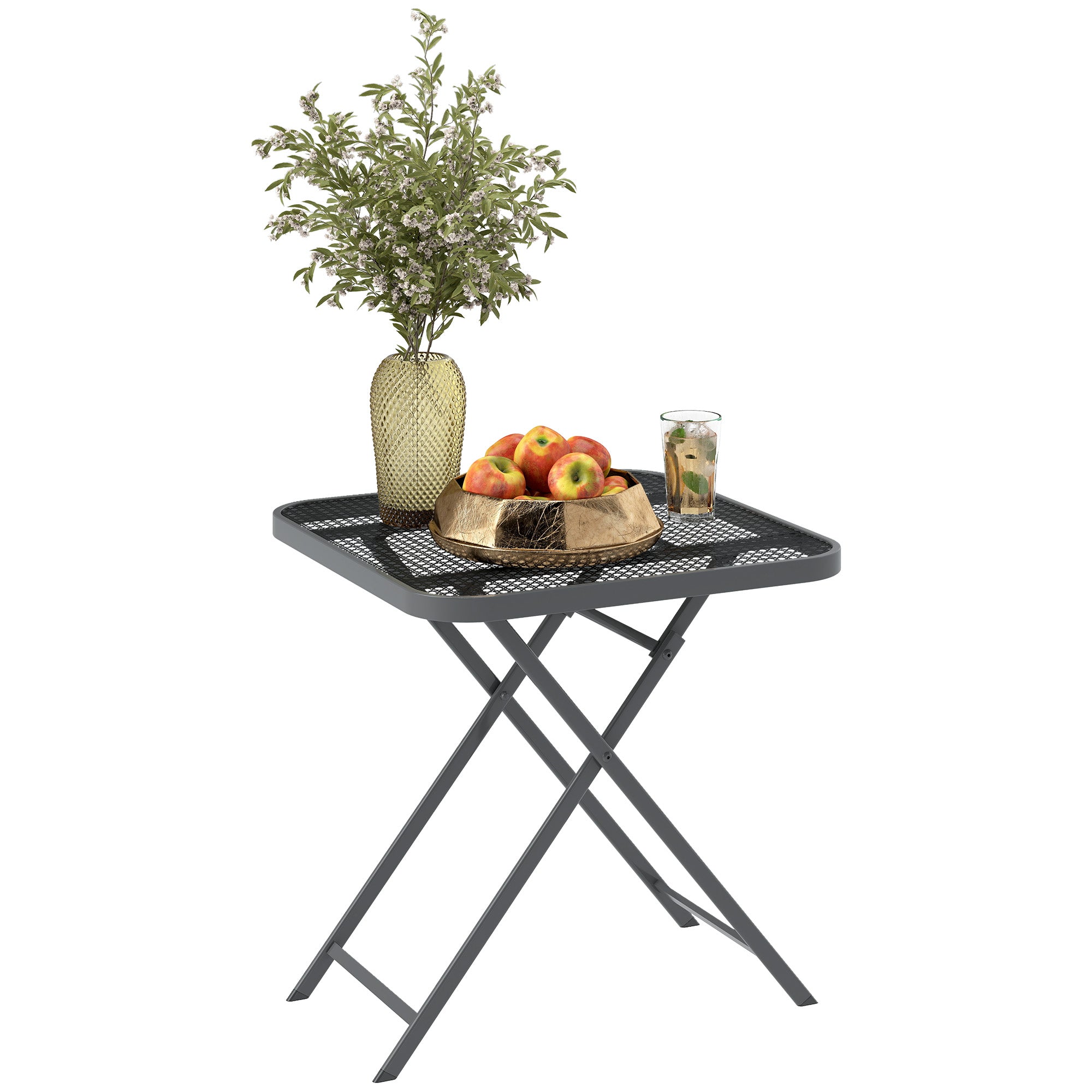 Outsunny 27.5" Square Outdoor Patio Table, Outdoor Folding Table with Grid Rattan-Like Top for Camping, Picnic, Light Grey