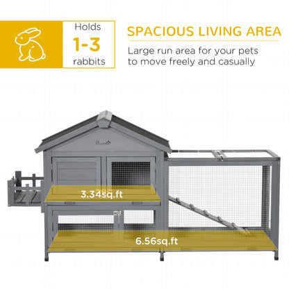 PawHut 65" Wooden Rabbit Hutch, Pet Playpen with Openable Roof, Storage Box, for Rabbits and Small Animals, Dark Grey