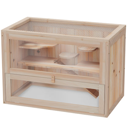 PawHut 24 Inch Hamster Cage, 2 Levels Small Animals Habitat Pet House with Openable Roof, Run Space, Platforms, Natural Wood