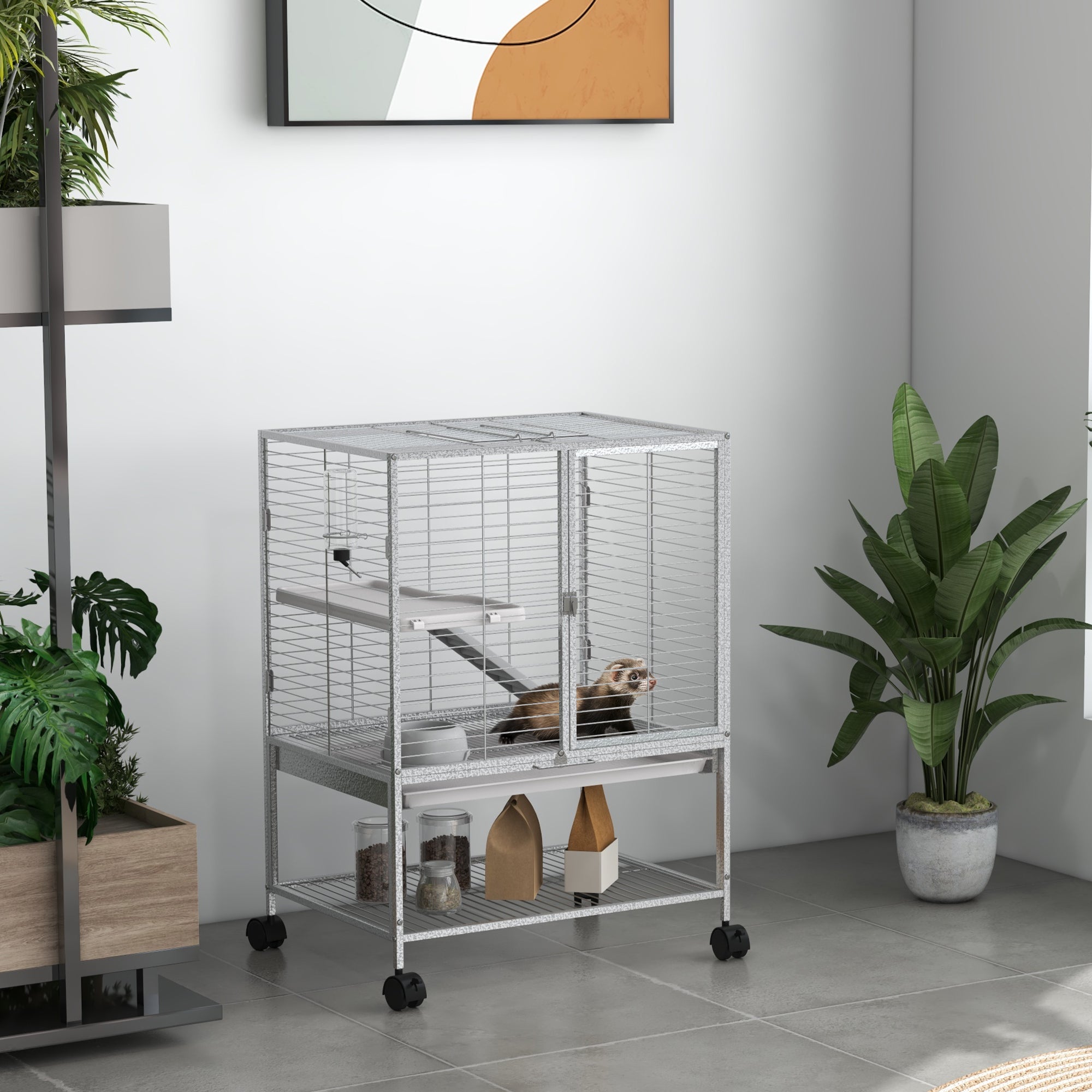 PawHut Rolling Small Animal Cage 34"H Chinchilla Cage for Ferrets, Squirrels w/ Removable Tray, Storage Shelf, Black
