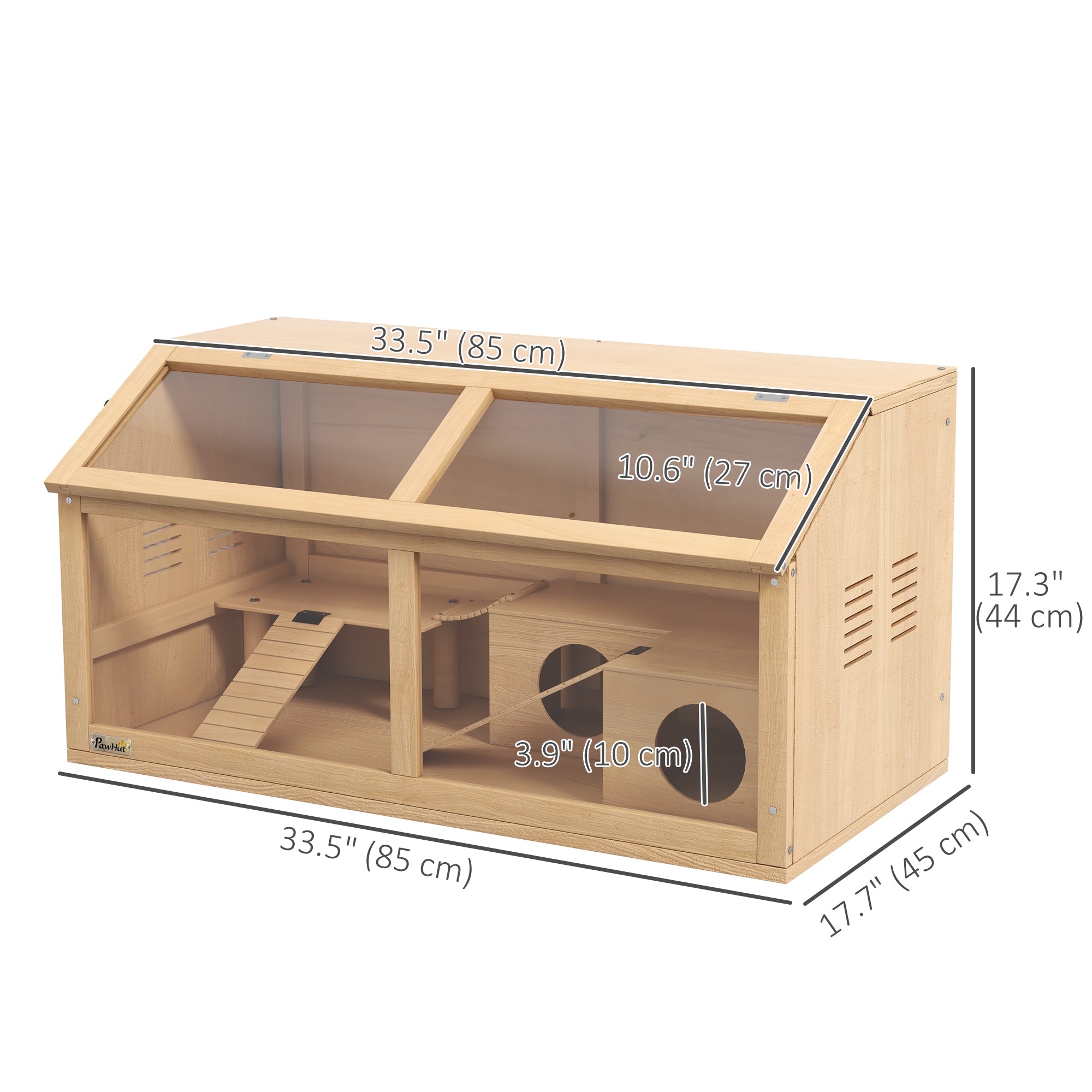 PawHut Rat Cage, Hamster Cage Wooden with Suspension Bridge, Ladders, Openable Top, Hut, Platform, for Gerbils Mice