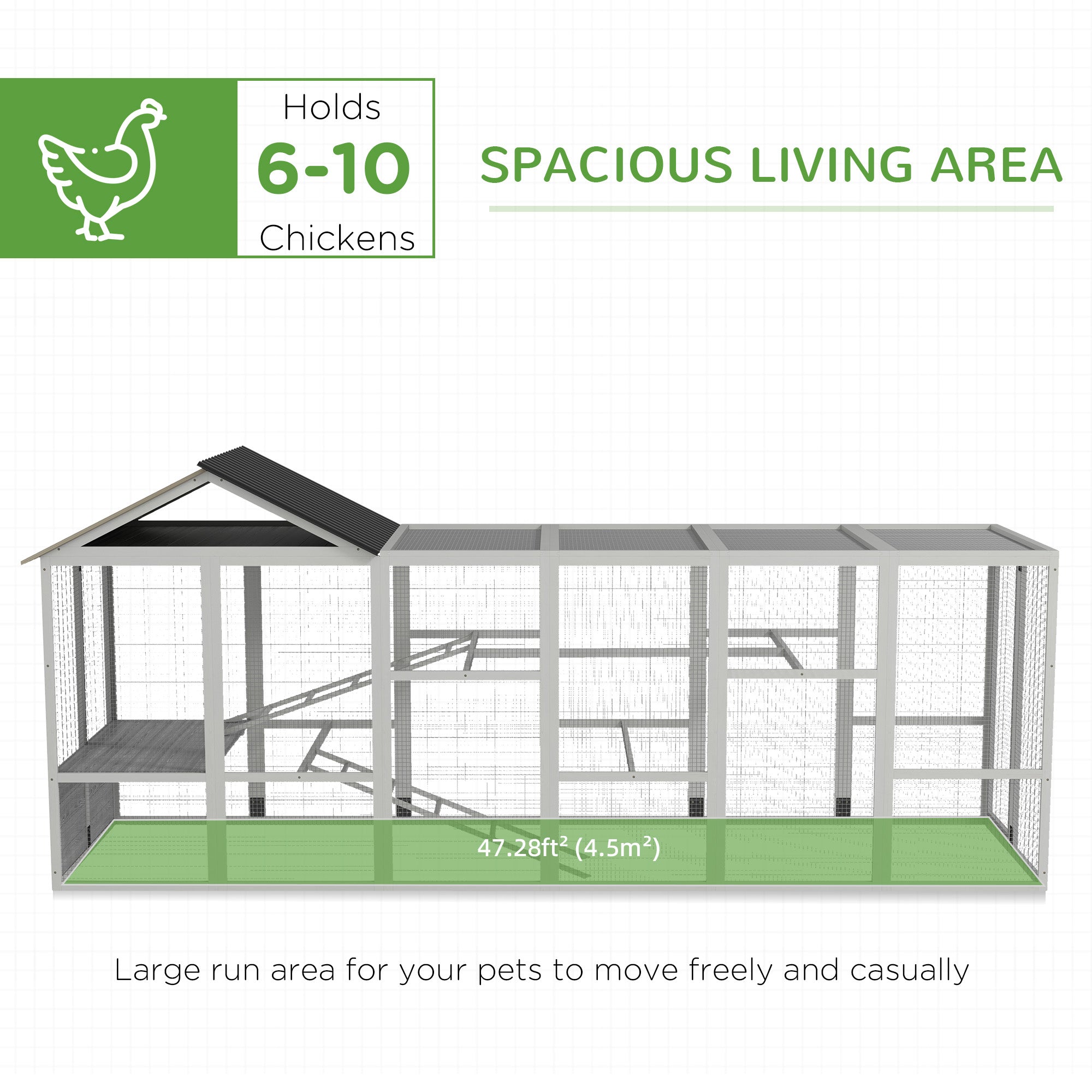 PawHut 142" Outdoor Wooden Chicken Coop with Run, Ramps, Perches, Storage, Combinable Design for 6 - 10 Chickens, Grey